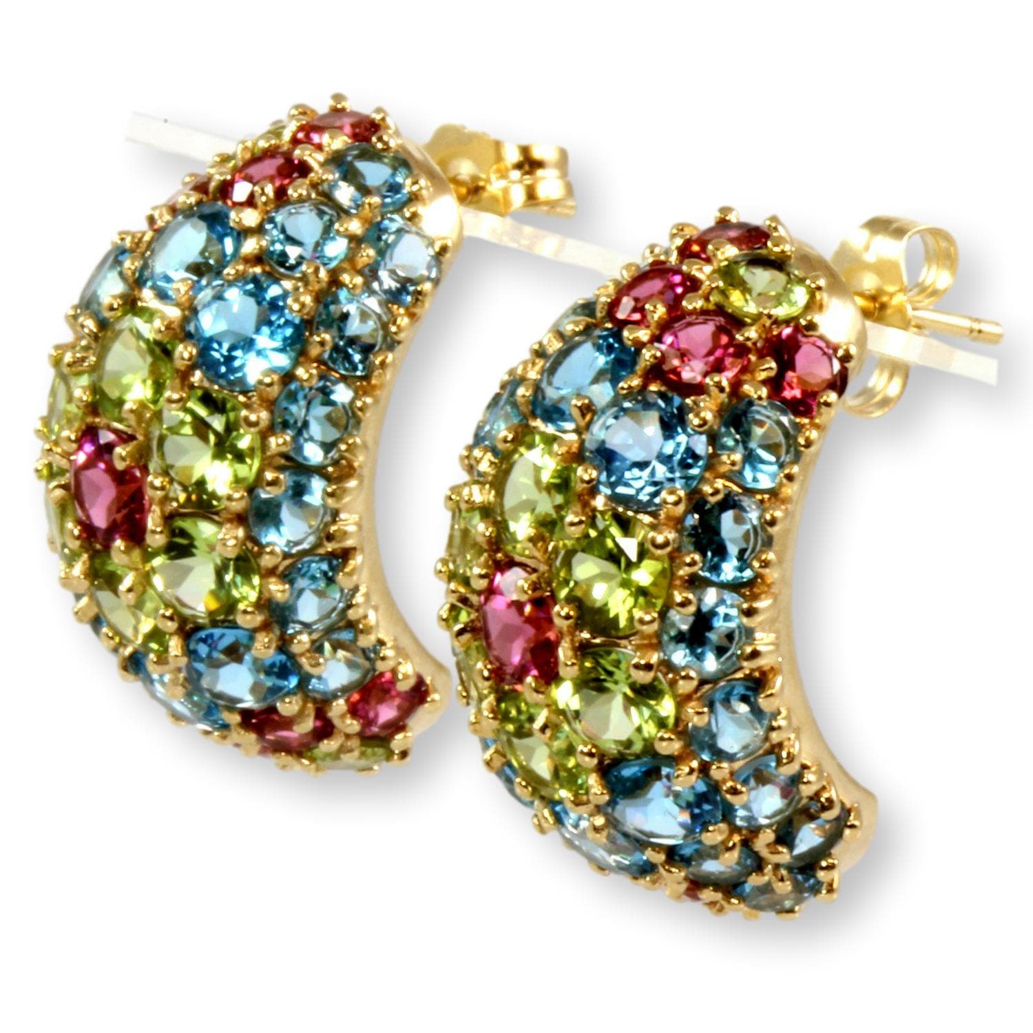 13.42ctw Multi-Gemstone Flower Motif 14K Yellow Gold Earrings - Thumbnail 3