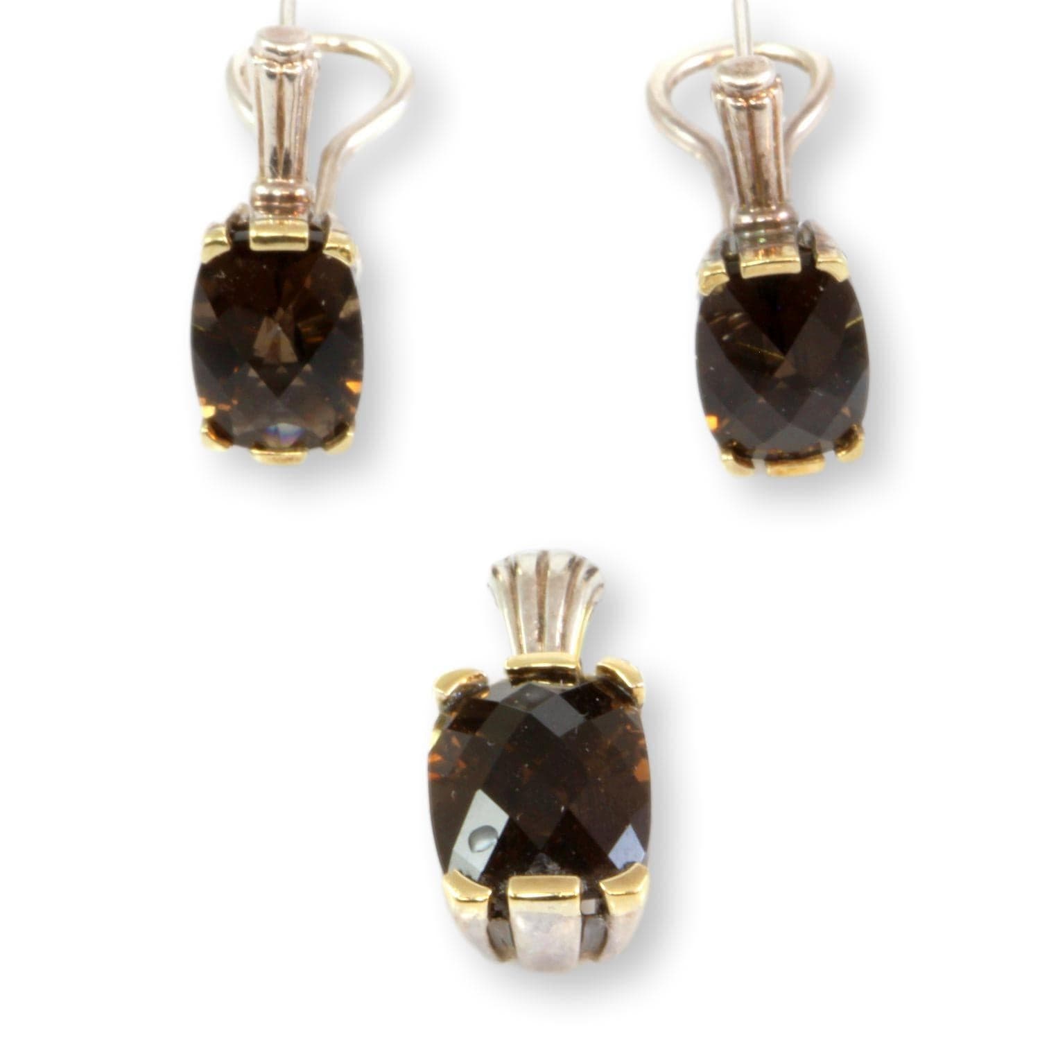 970 Fine Silver 18K Gold Smoky Quartz Pendant & Earring Set - Image 1