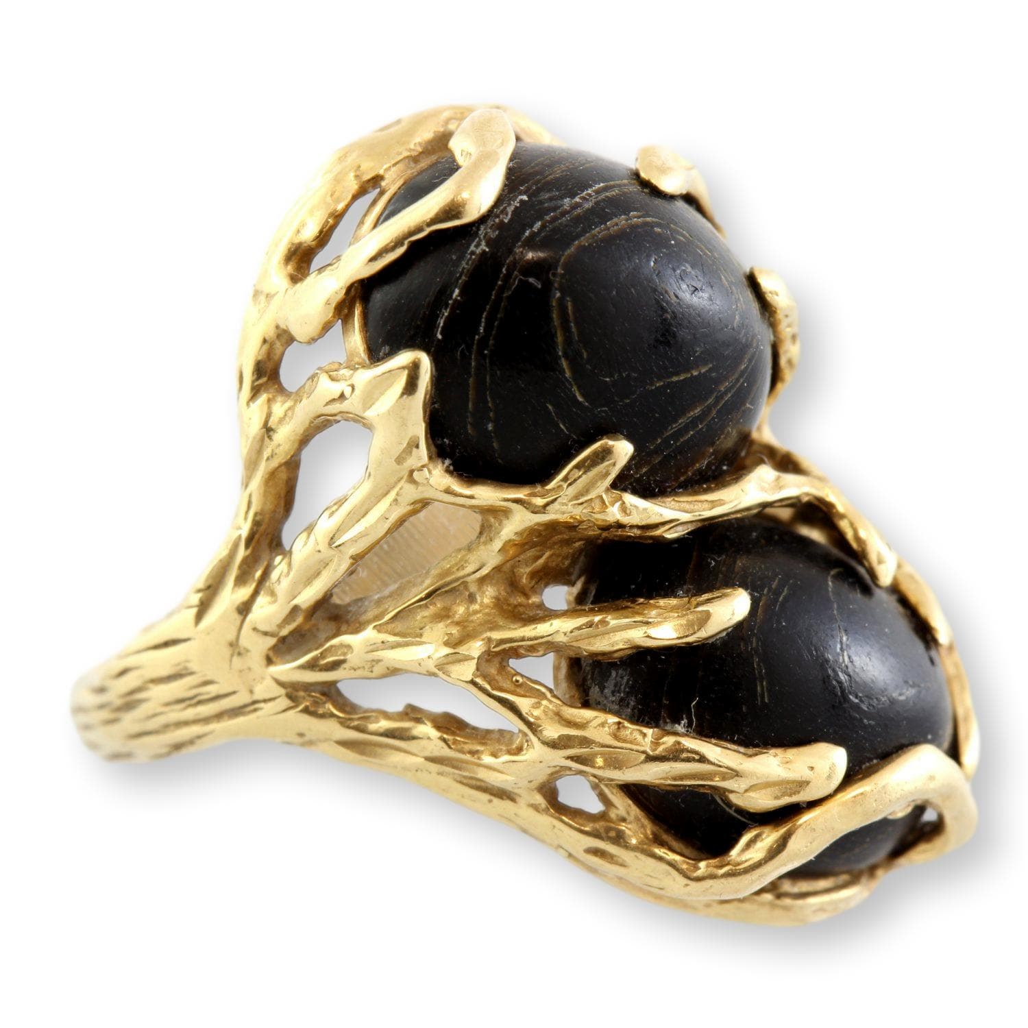 16.80ctw Hawaiian Black Coral Toi et Moi 14K Yellow Gold Ring - Size 7 - Thumbnail 3