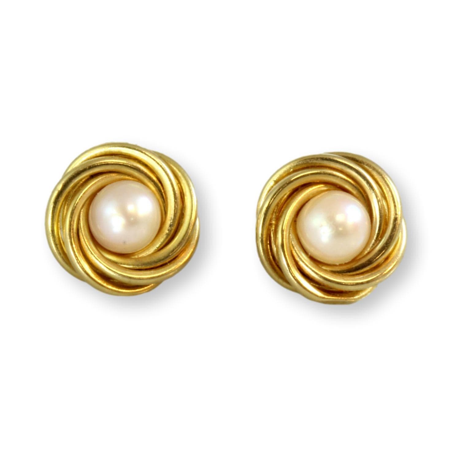 7mm Cultured Mabe Pearl 14K Gold Love Knot Earrings - .60" Diameter - Image 1