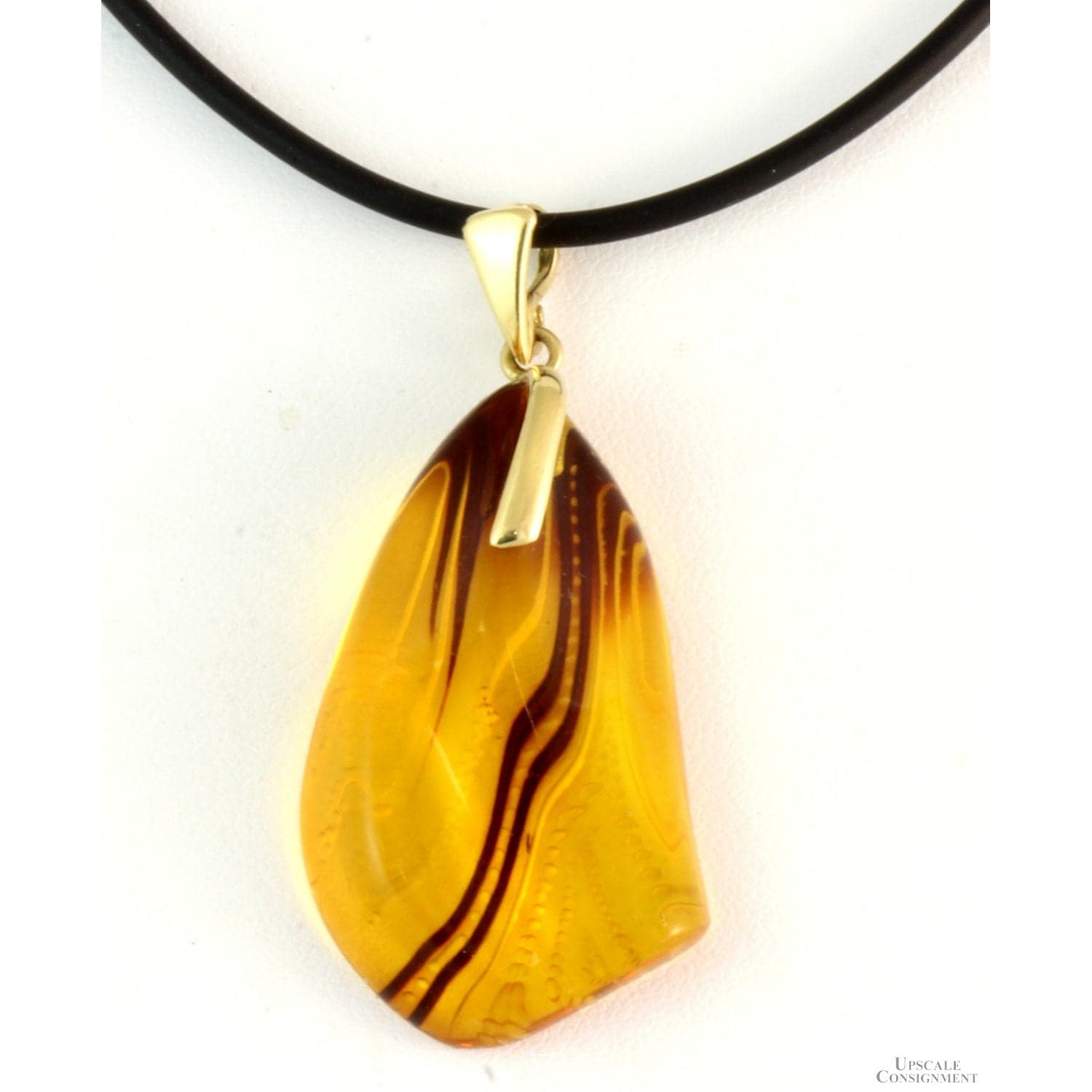 Fancy Cut Etched Amber 14K Yellow Gold Pendant Necklace - Image 1