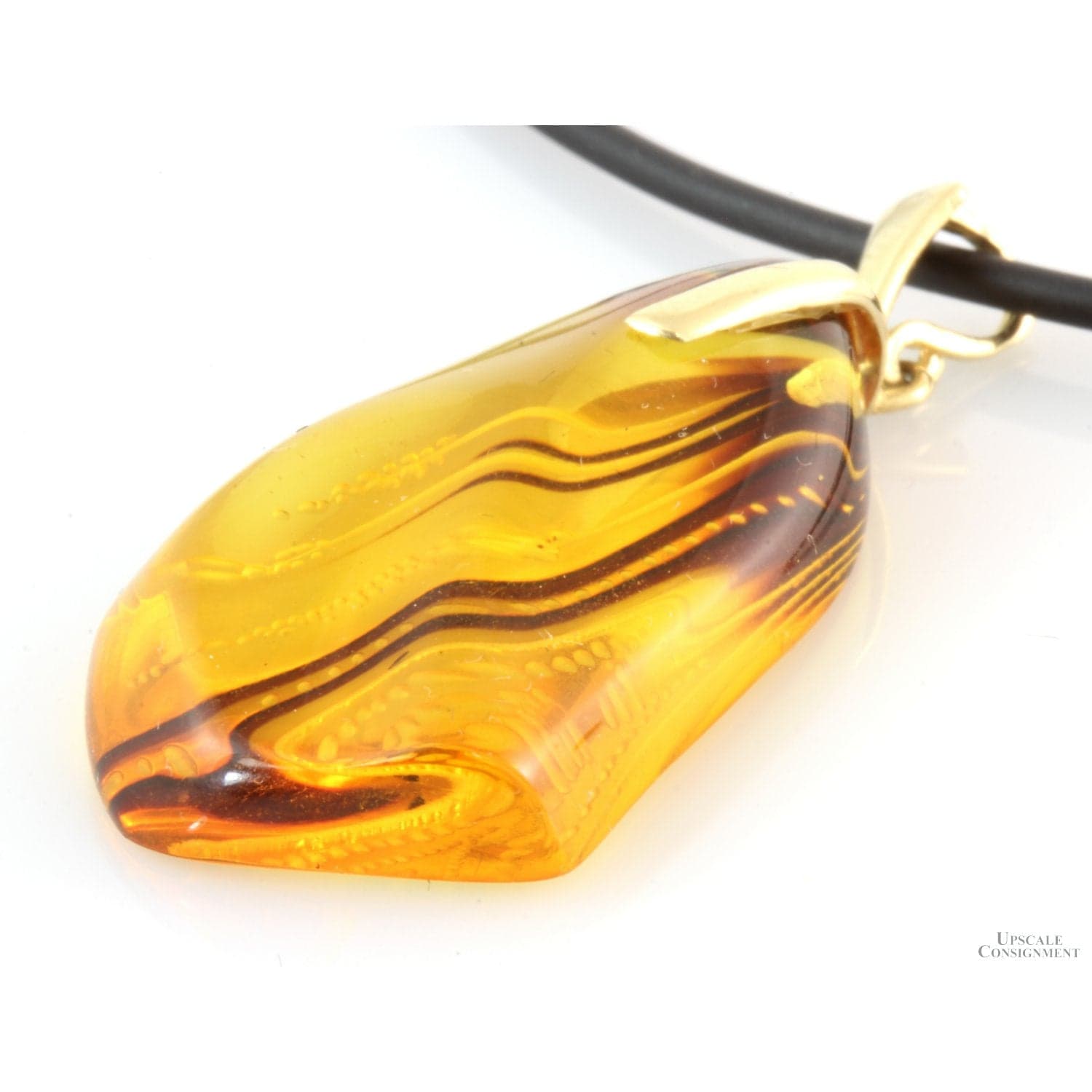 Fancy Cut Etched Amber 14K Yellow Gold Pendant Necklace - Thumbnail 3