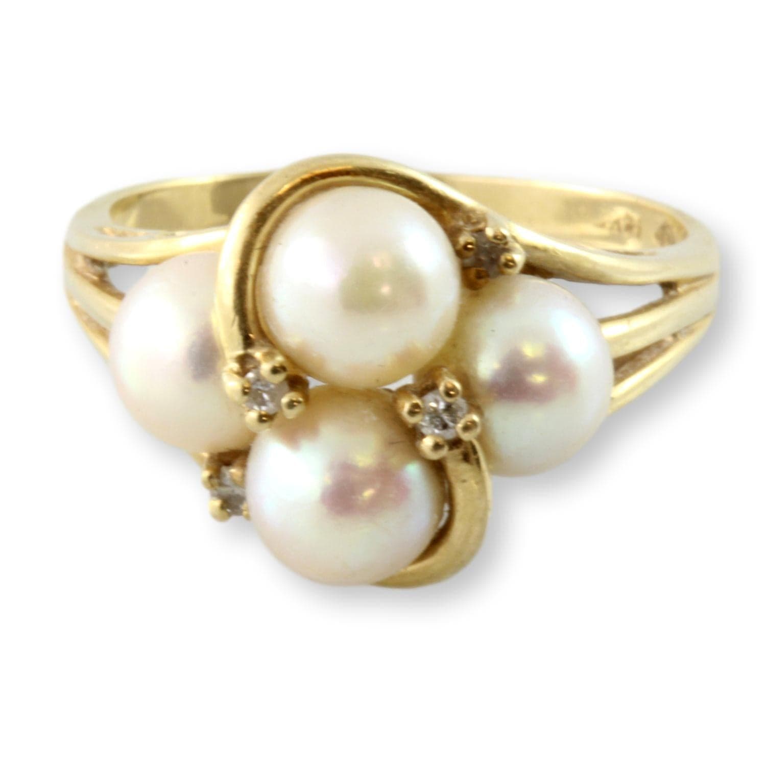 14K Yellow Gold Four Pearl .05ctw Diamond Cluster Ring - Size 7.75 - Image 1
