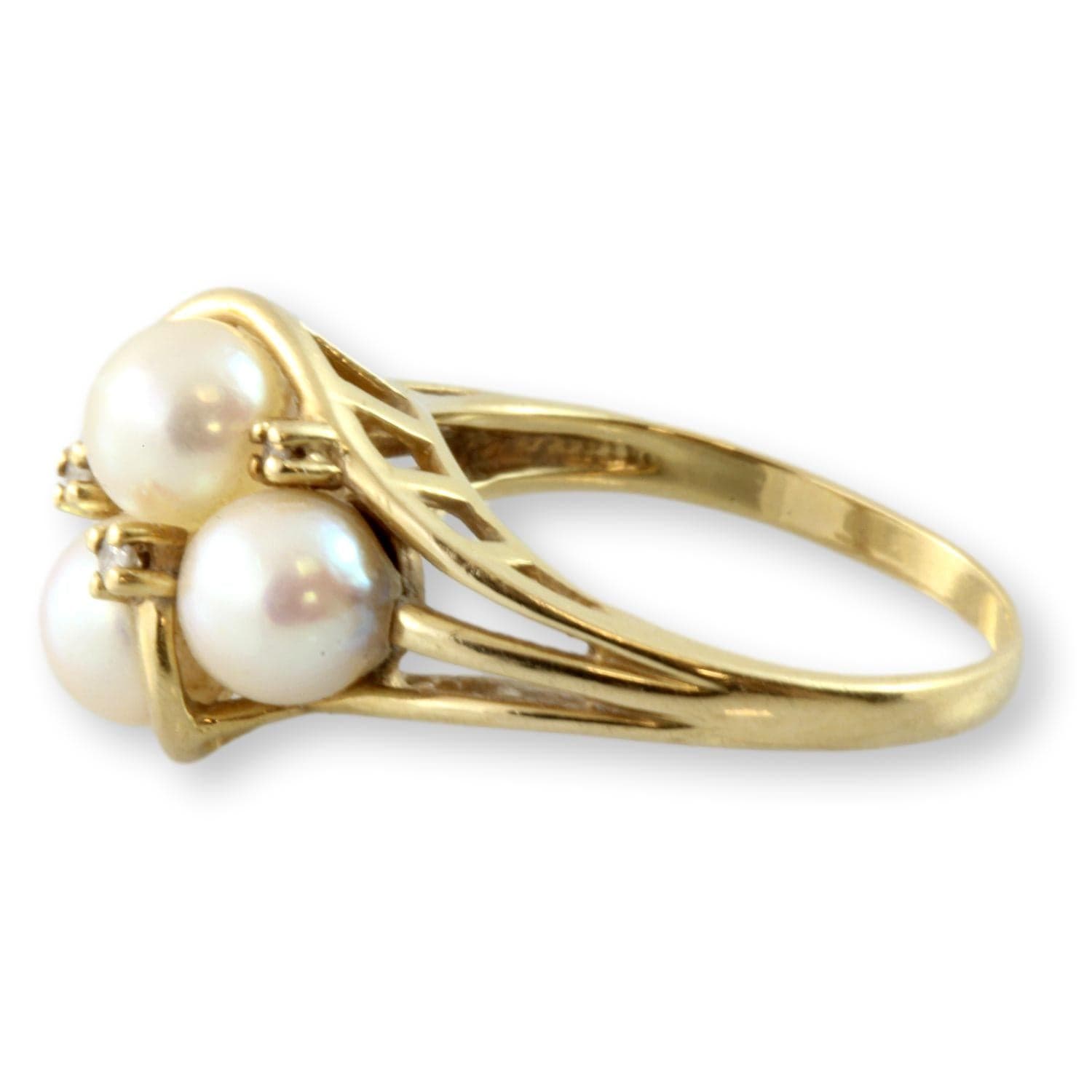 14K Yellow Gold Four Pearl .05ctw Diamond Cluster Ring - Size 7.75 - Thumbnail 2
