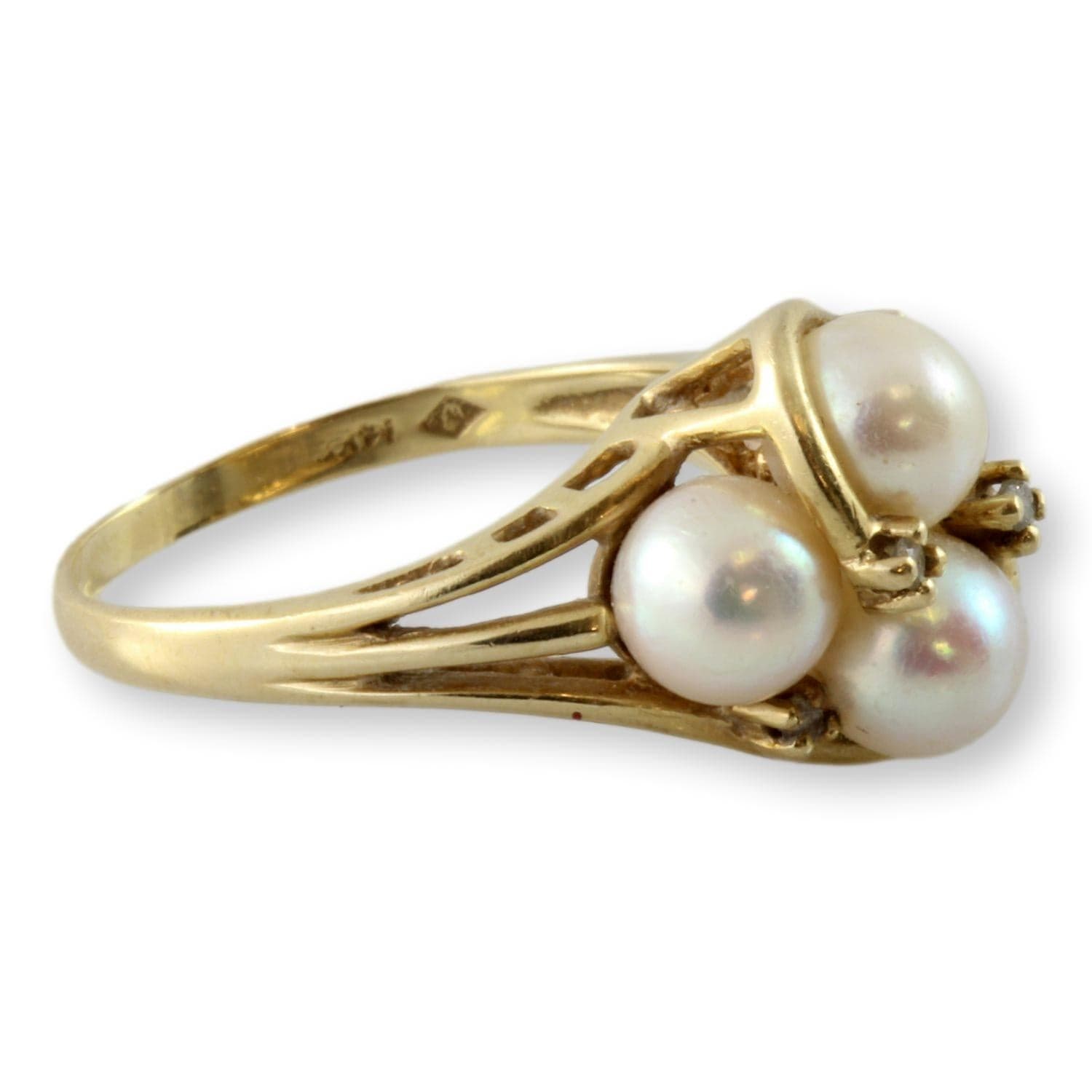 14K Yellow Gold Four Pearl .05ctw Diamond Cluster Ring - Size 7.75 - Thumbnail 3