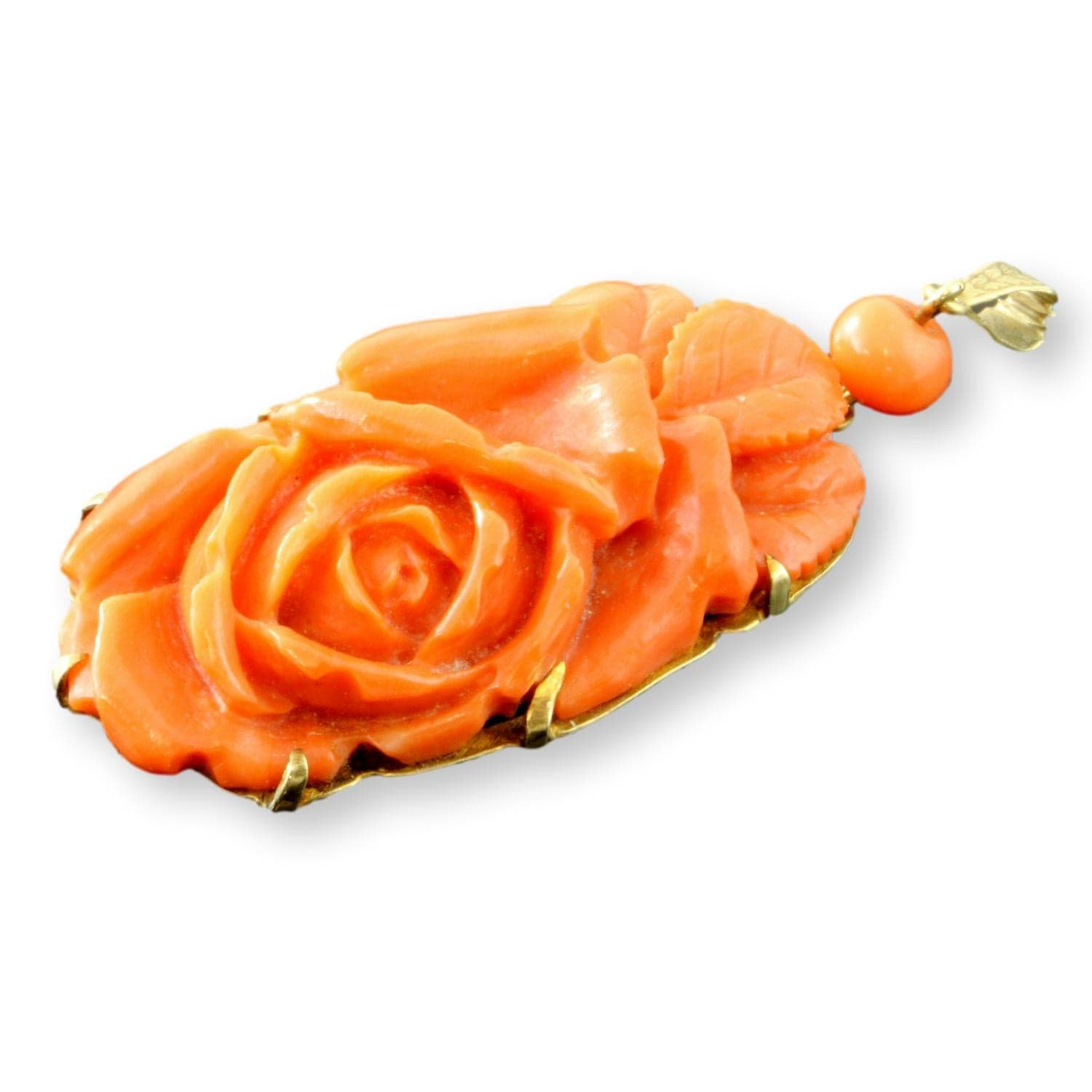 Coral Pendant in 14K Gold w/Natural Momo Coral Rose - 2.25" x 1" - Image 1