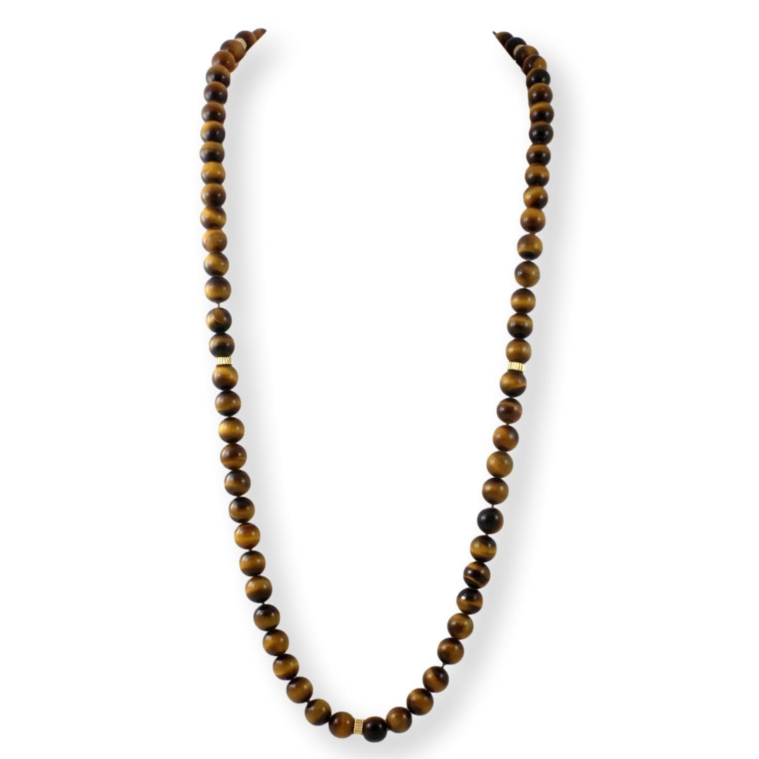 14K Yellow Gold 10mm Tigers Eye Beaded Necklace - 32" - Image 1