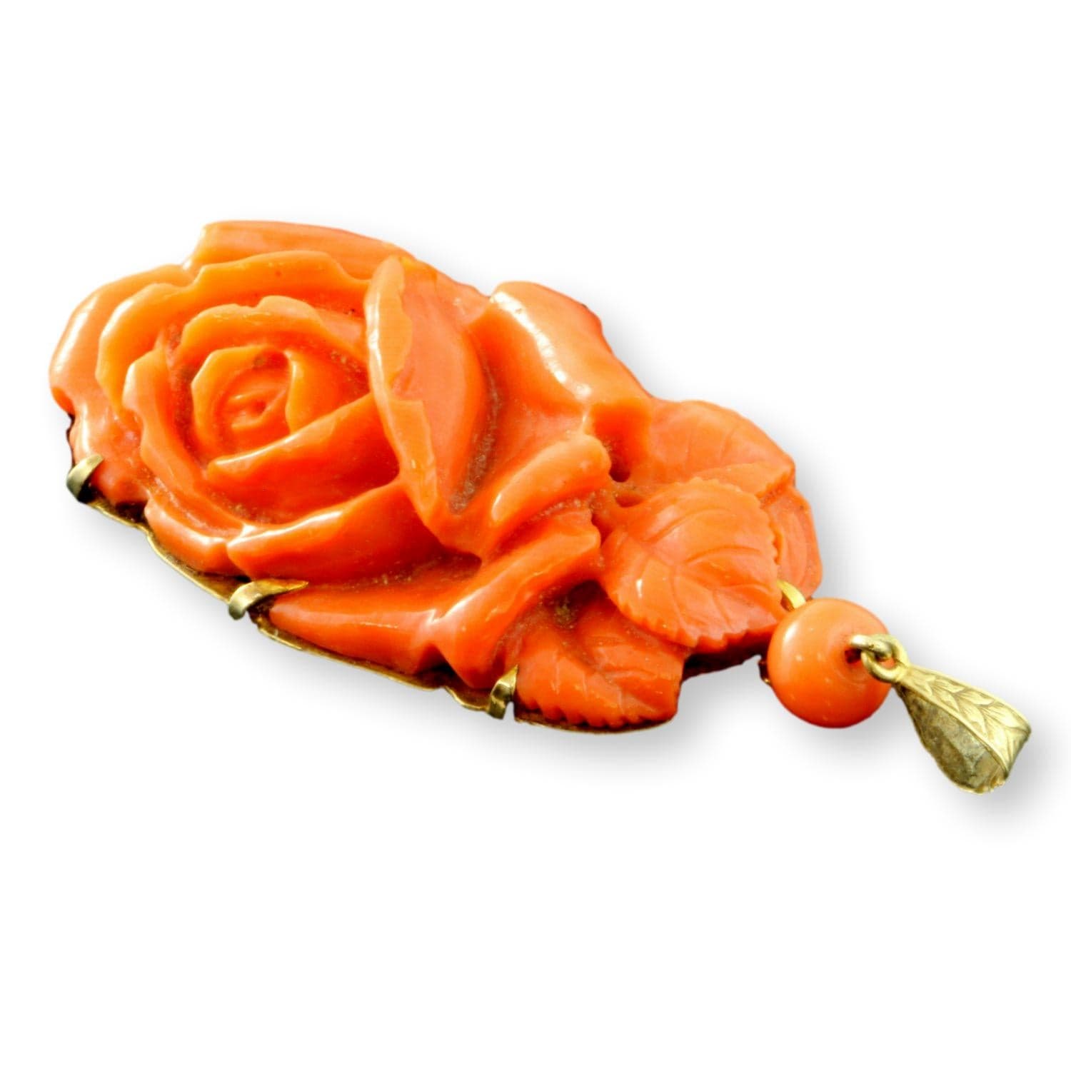 Coral Pendant in 14K Gold w/Natural Momo Coral Rose - 2.25" x 1" - Thumbnail 2