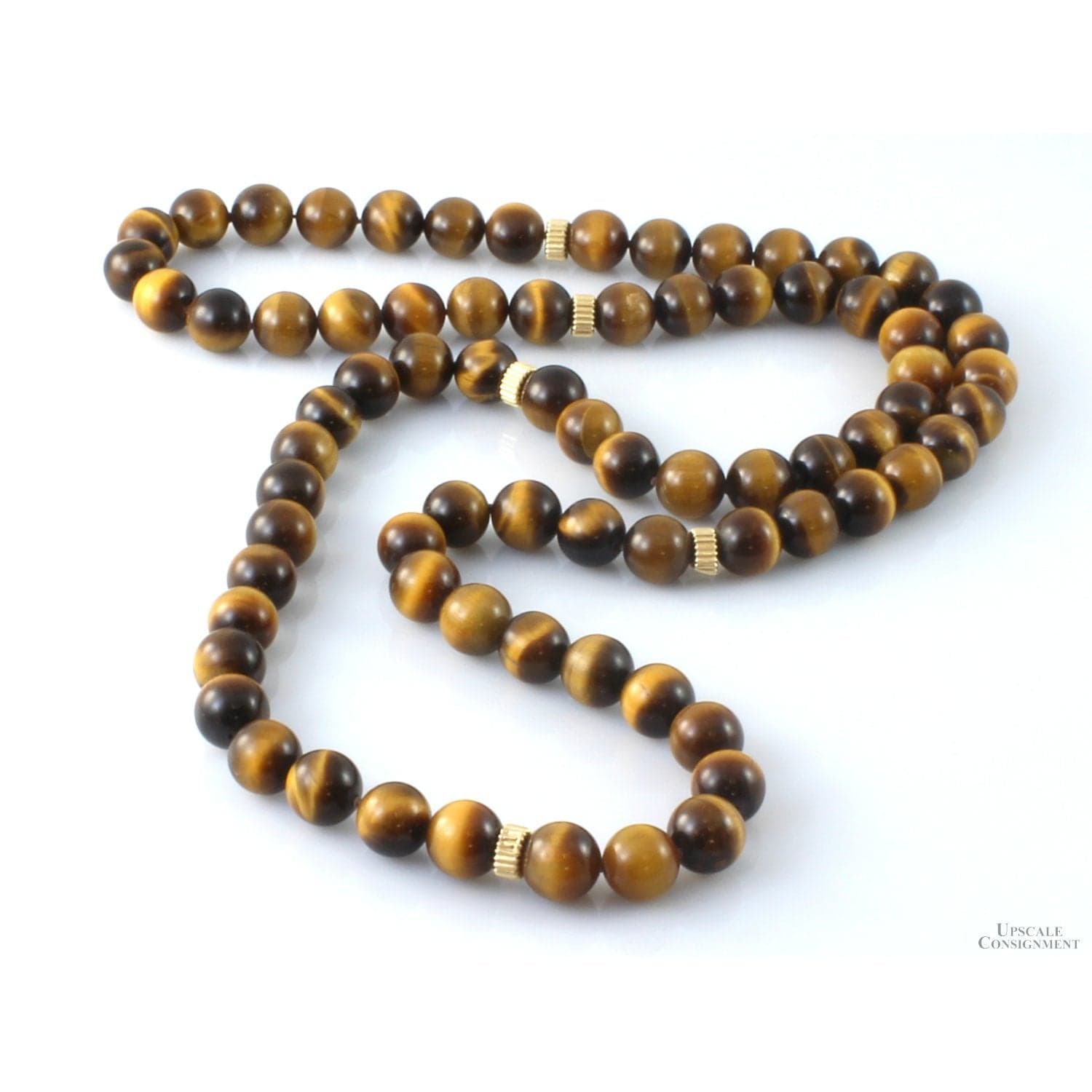 14K Yellow Gold 10mm Tigers Eye Beaded Necklace - 32" - Thumbnail 2
