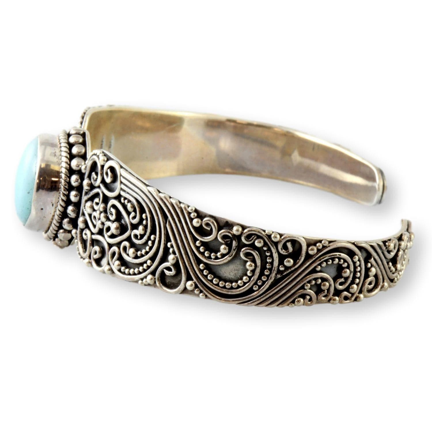 Suarti Blue-Green Chalcedony Sterling Silver Filigree Cuff Bracelet - 6.5 in. - Thumbnail 4