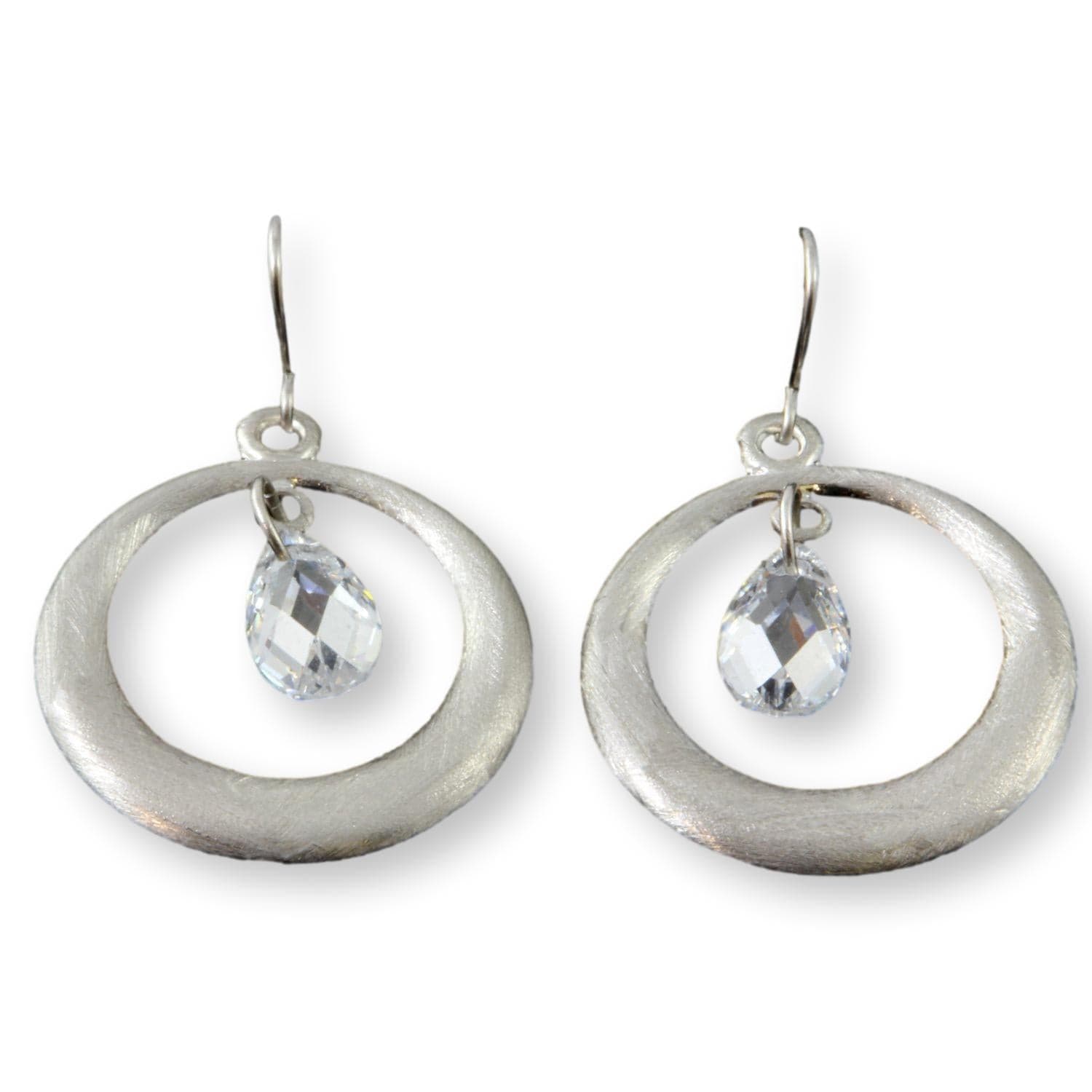 14K White Gold Textured Earrings - Dangling CZ Briolette Stones - 1.125" - Image 1