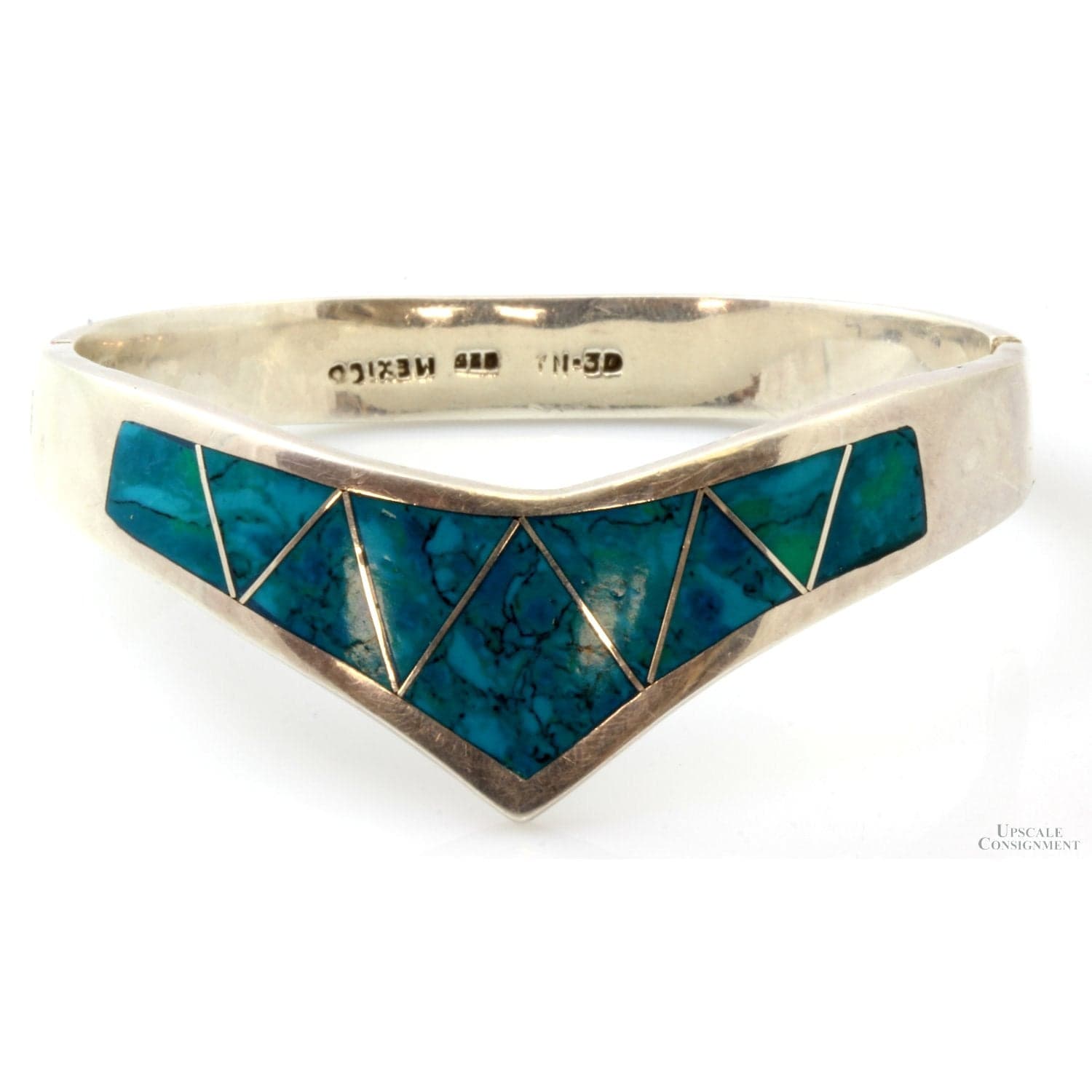 TAXCO Sterling Silver Turquoise Inlay Hinged Bangle - Size 6.5 - Image 1