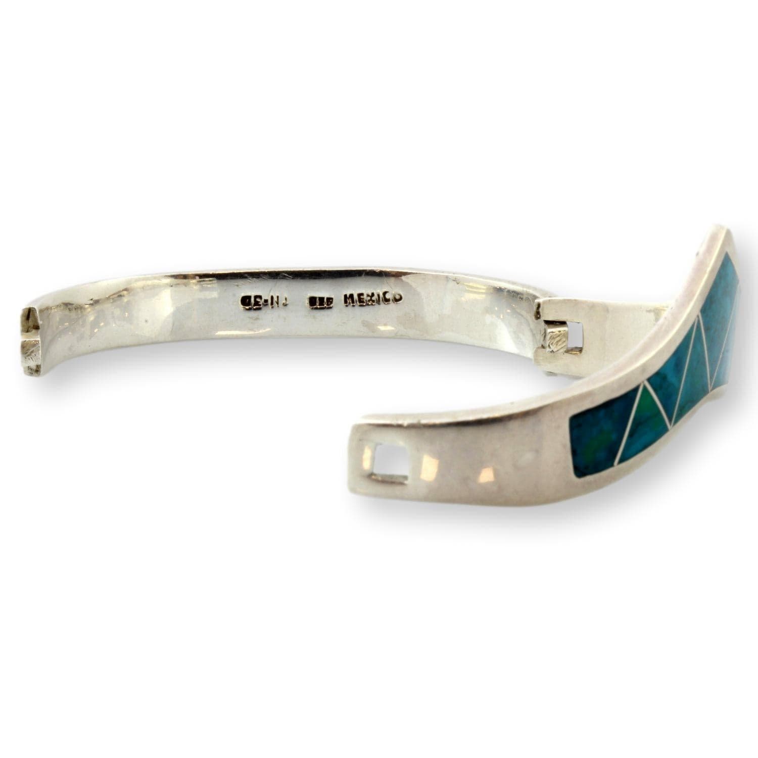 TAXCO Sterling Silver Turquoise Inlay Hinged Bangle - Size 6.5 - Thumbnail 2