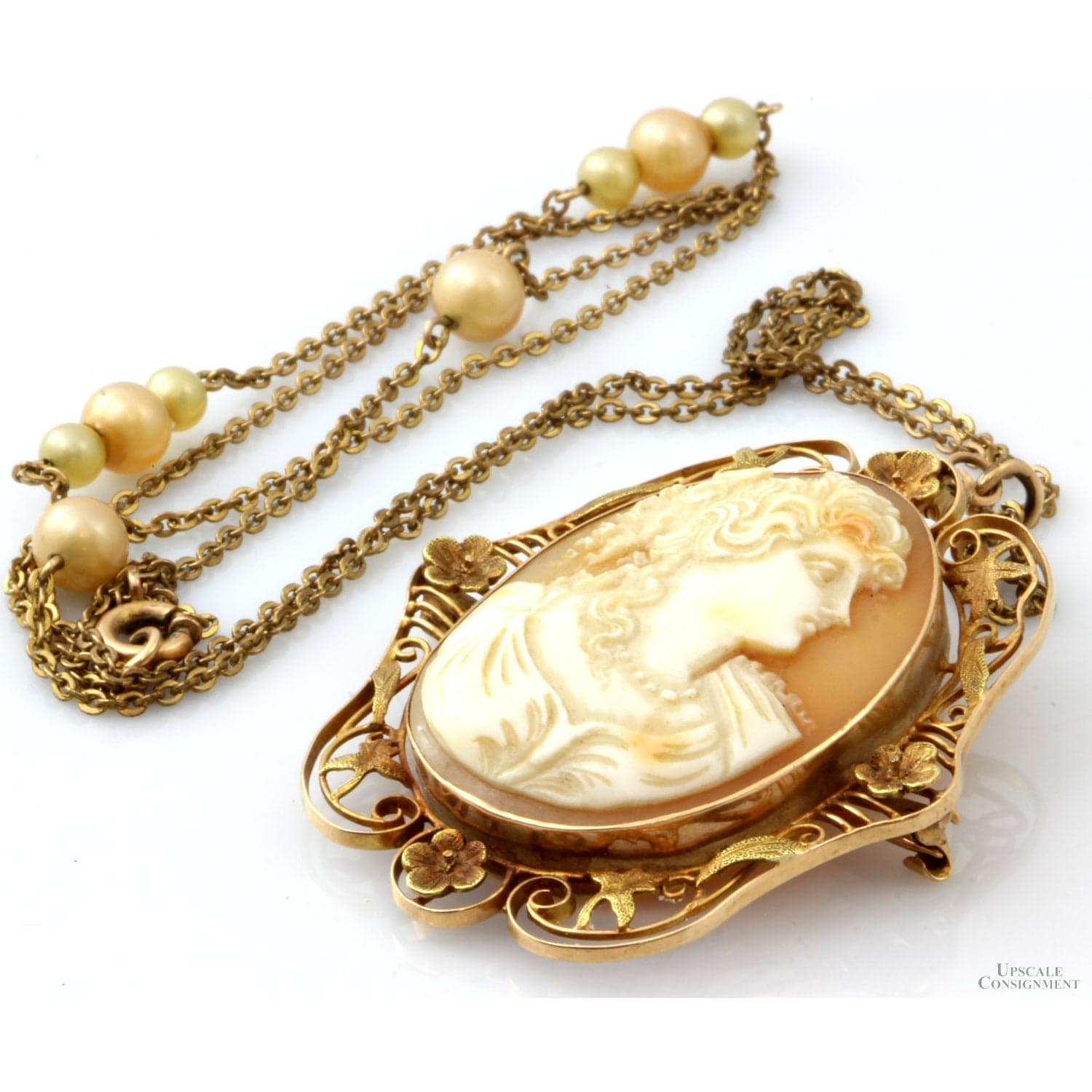 Victorian Carved Shell Cameo Pendant & Faux Pearl Gold Tone Chain - 28 in - Thumbnail 2