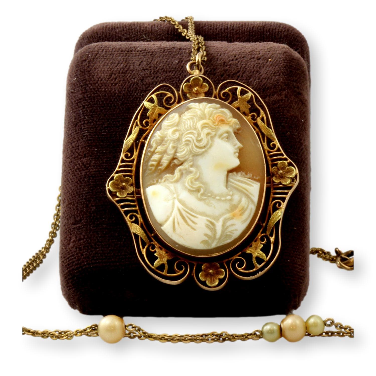Victorian Carved Shell Cameo Pendant & Faux Pearl Gold Tone Chain - 28 in - Image 1