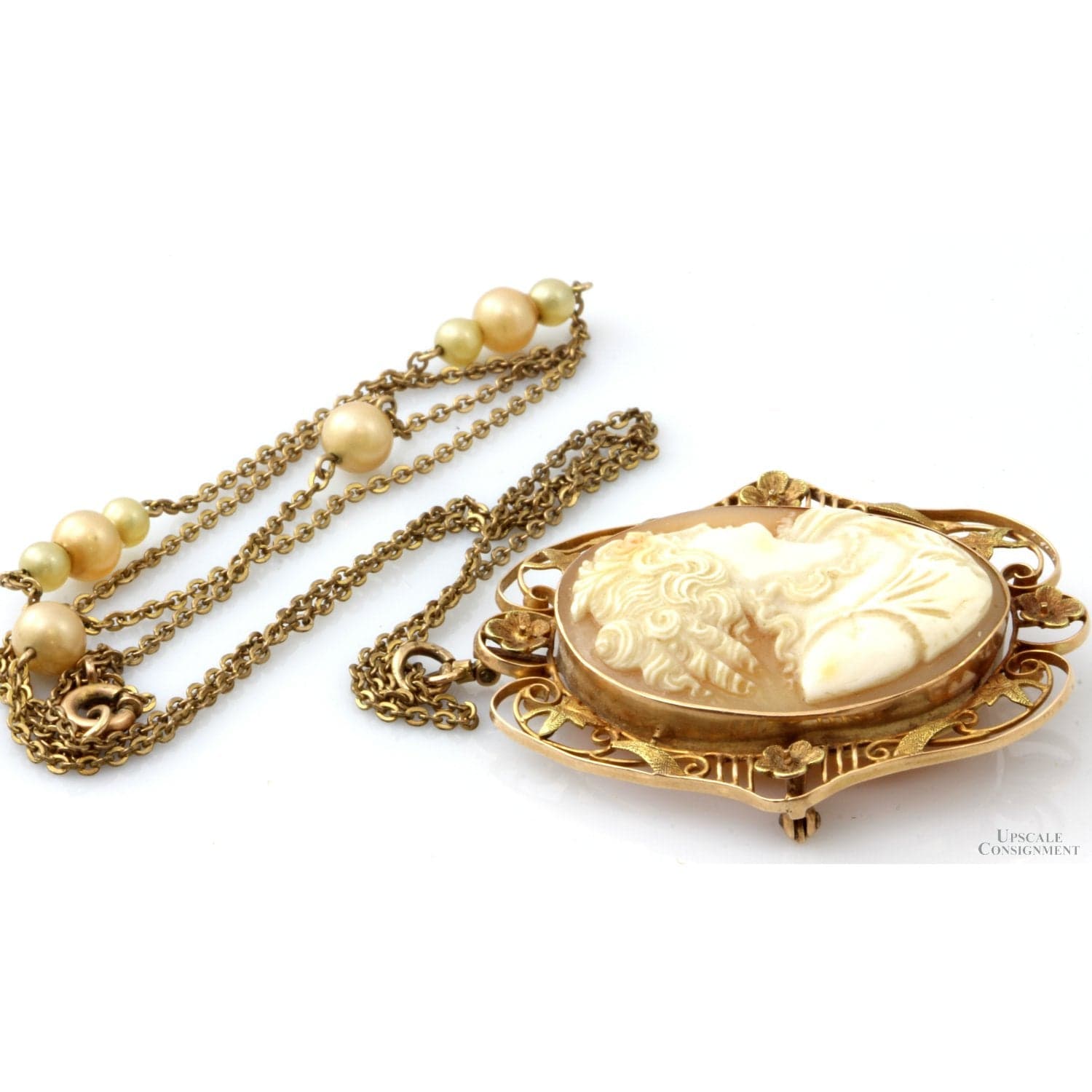 Victorian Carved Shell Cameo Pendant & Faux Pearl Gold Tone Chain - 28 in - Thumbnail 3
