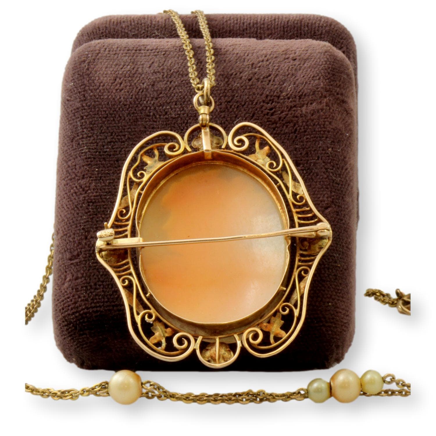 Victorian Carved Shell Cameo Pendant & Faux Pearl Gold Tone Chain - 28 in - Thumbnail 4