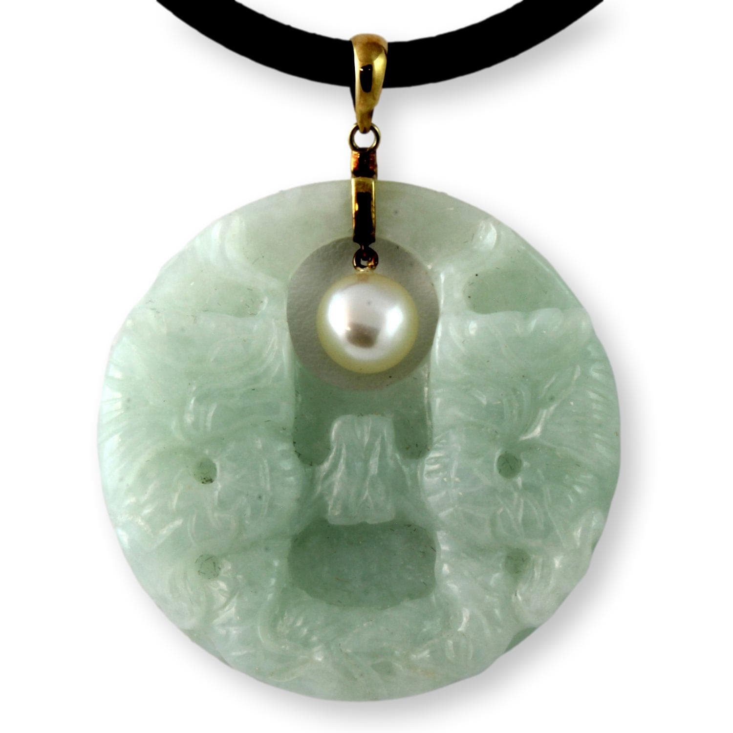 Light Green Jadeite Jade Pearl 14K Carved Botanical Pendant - Image 1
