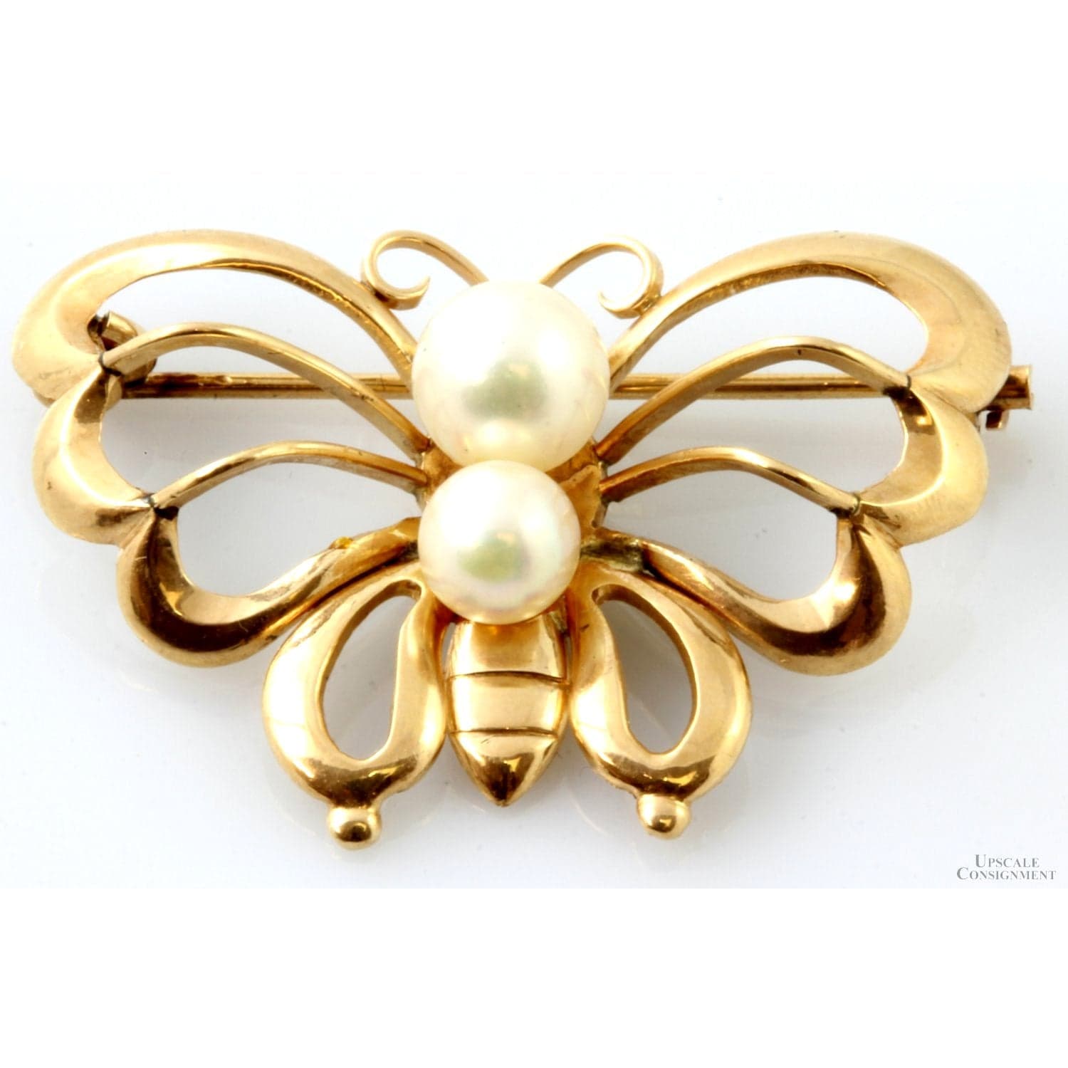 Cultured Freshwater Pearl 14K Yellow Gold Butterfly Brooch - 1.25 in - Image 1