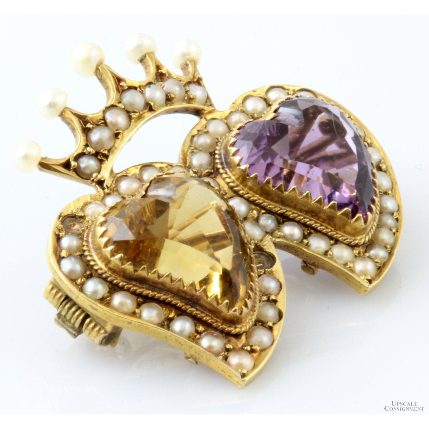 Amethyst Citrine Pearl Double Heart 15K Gold Antique Sweetheart Pendant-Brooch - 1" x 1" - Thumbnail 2