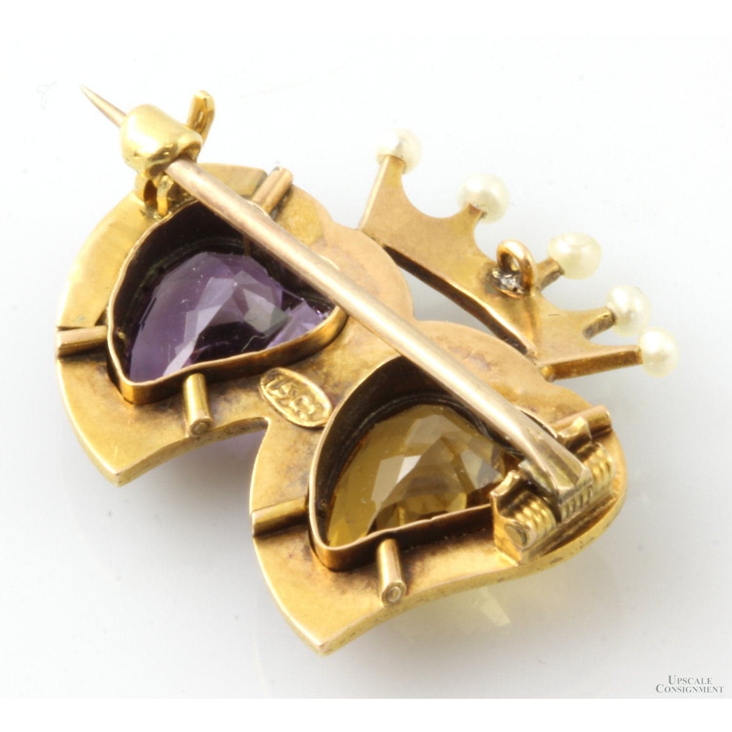 Amethyst Citrine Pearl Double Heart 15K Gold Antique Sweetheart Pendant-Brooch - 1" x 1" - Thumbnail 4