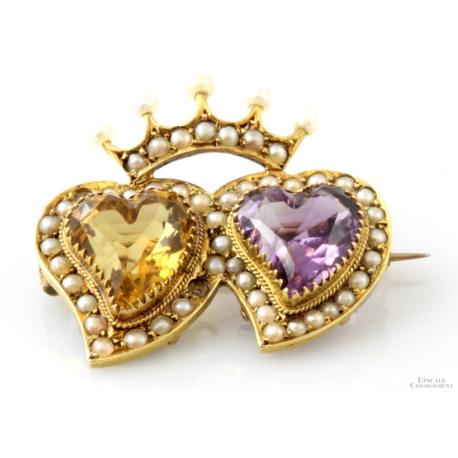 Amethyst Citrine Pearl Double Heart 15K Gold Antique Sweetheart Pendant-Brooch - 1" x 1" - Image 1
