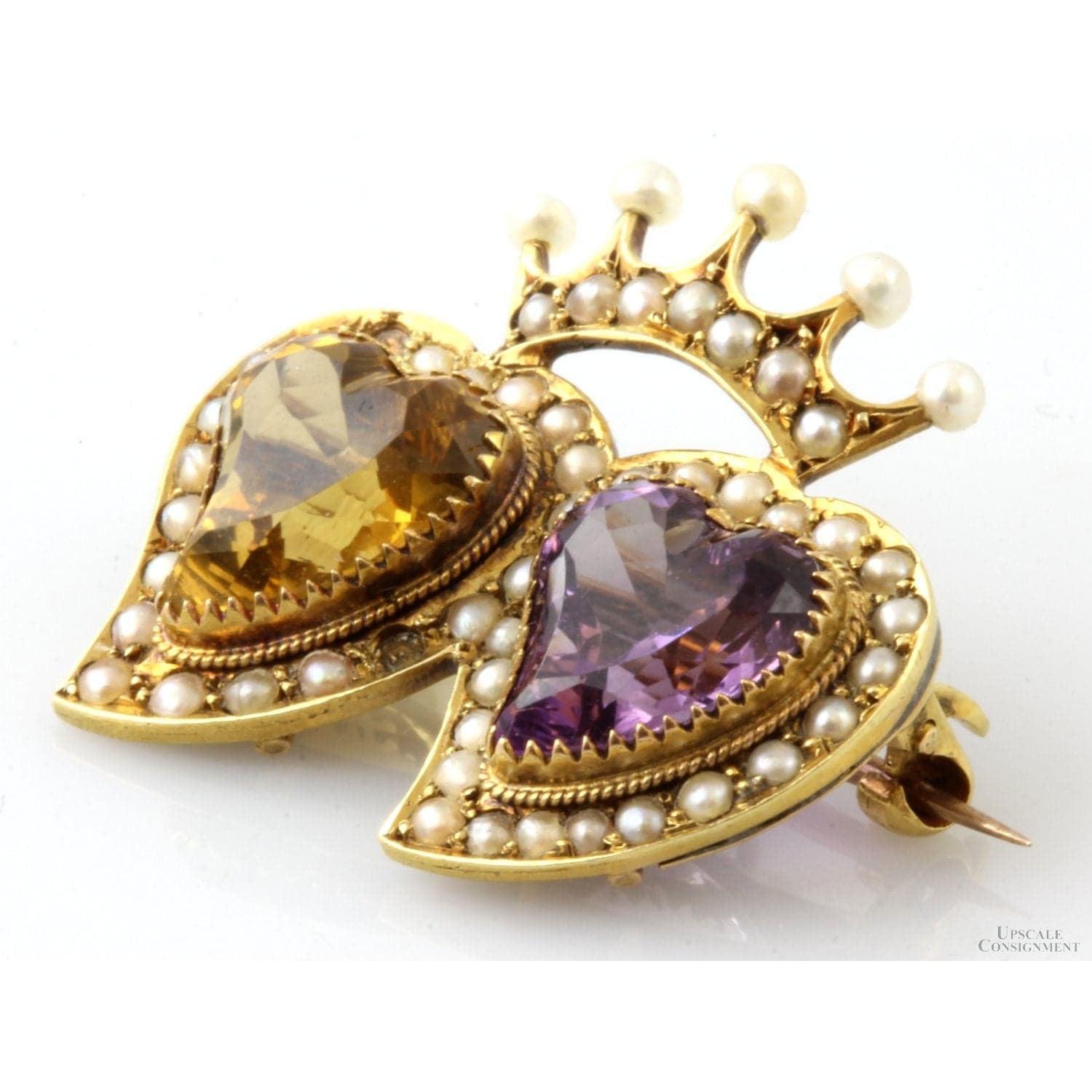 Amethyst Citrine Pearl Double Heart 15K Gold Antique Sweetheart Pendant-Brooch - 1" x 1" - Thumbnail 3