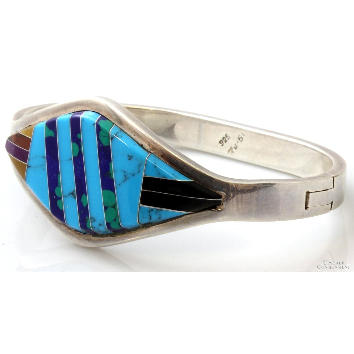 Sterling Silver Multi-Stone Channel Inlay Hinged TAXCO Bangle - Size 7 - Thumbnail 3