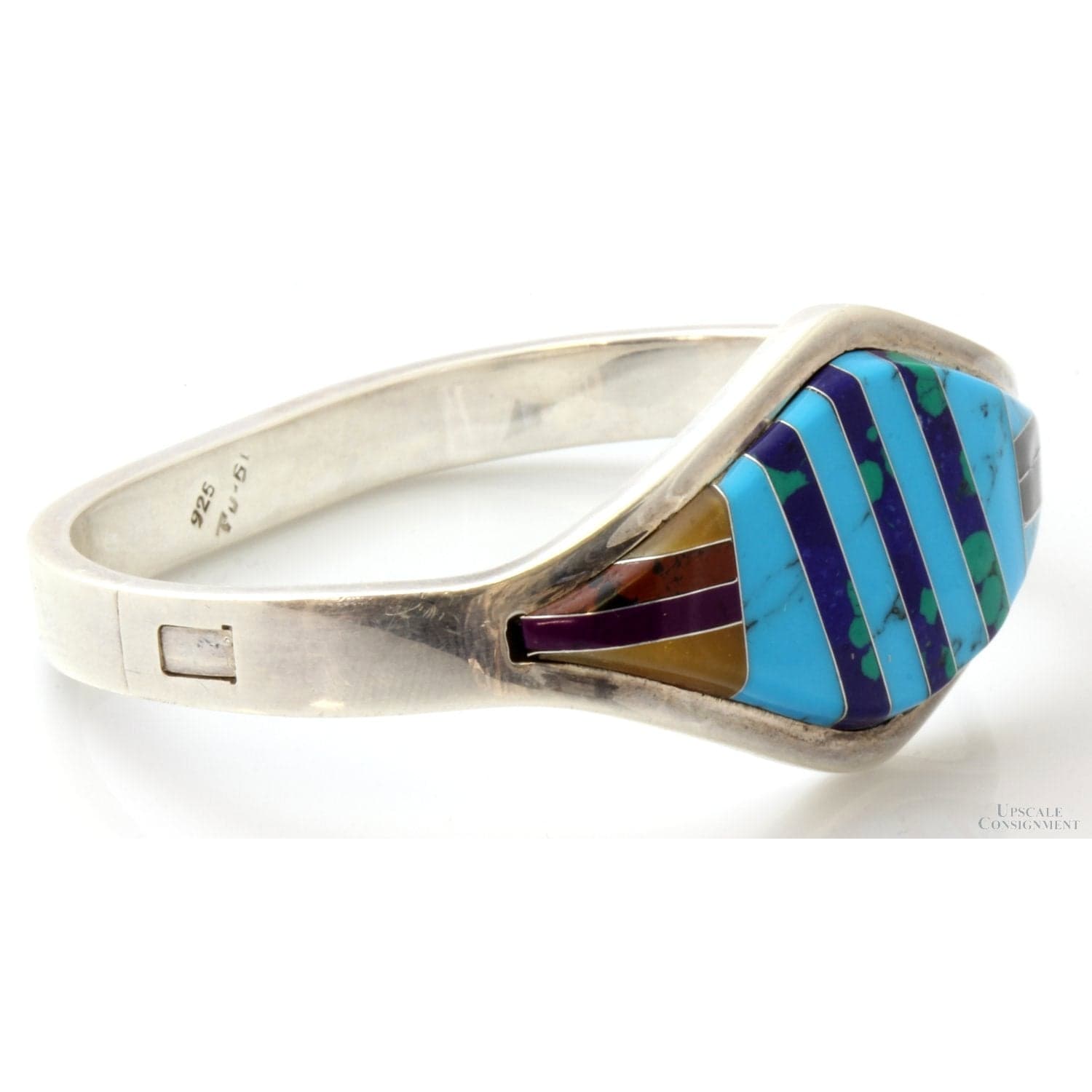 Sterling Silver Multi-Stone Channel Inlay Hinged TAXCO Bangle - Size 7 - Thumbnail 2