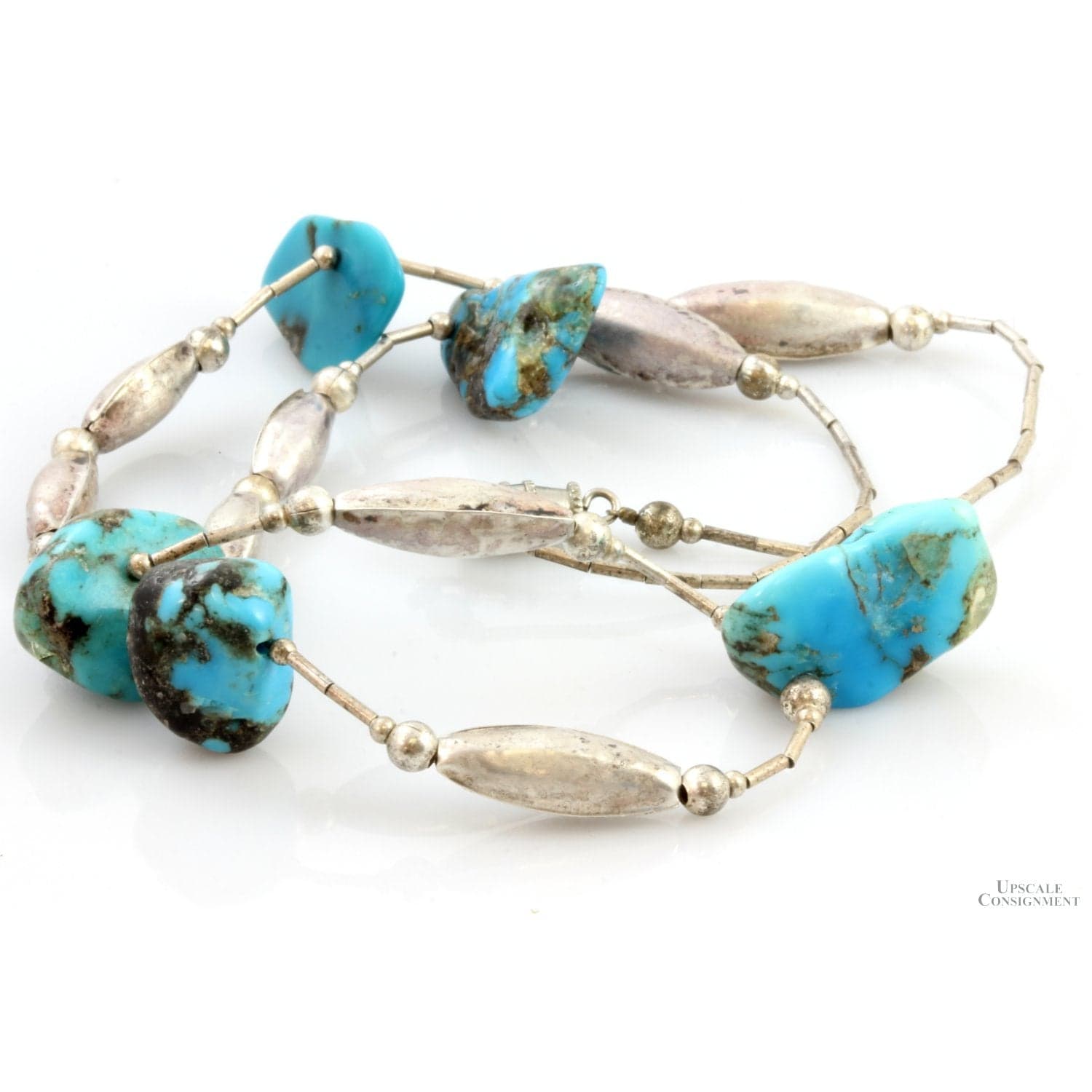 Vintage Turquoise Nugget Station & Sterling Silver Bead Navajo Necklace - 19 in - Thumbnail 3