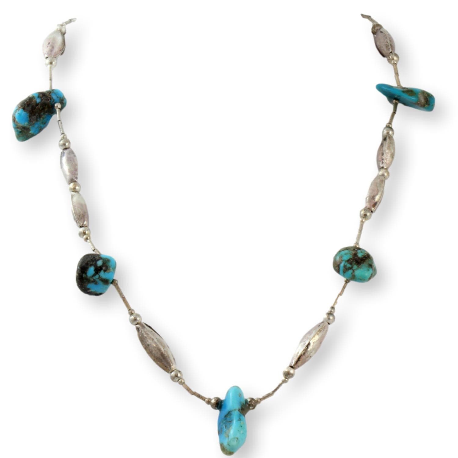 Vintage Turquoise Nugget Station & Sterling Silver Bead Navajo Necklace - 19 in - Image 1