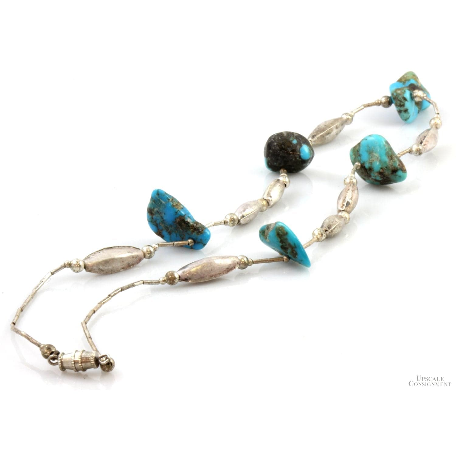 Vintage Turquoise Nugget Station & Sterling Silver Bead Navajo Necklace - 19 in - Thumbnail 2