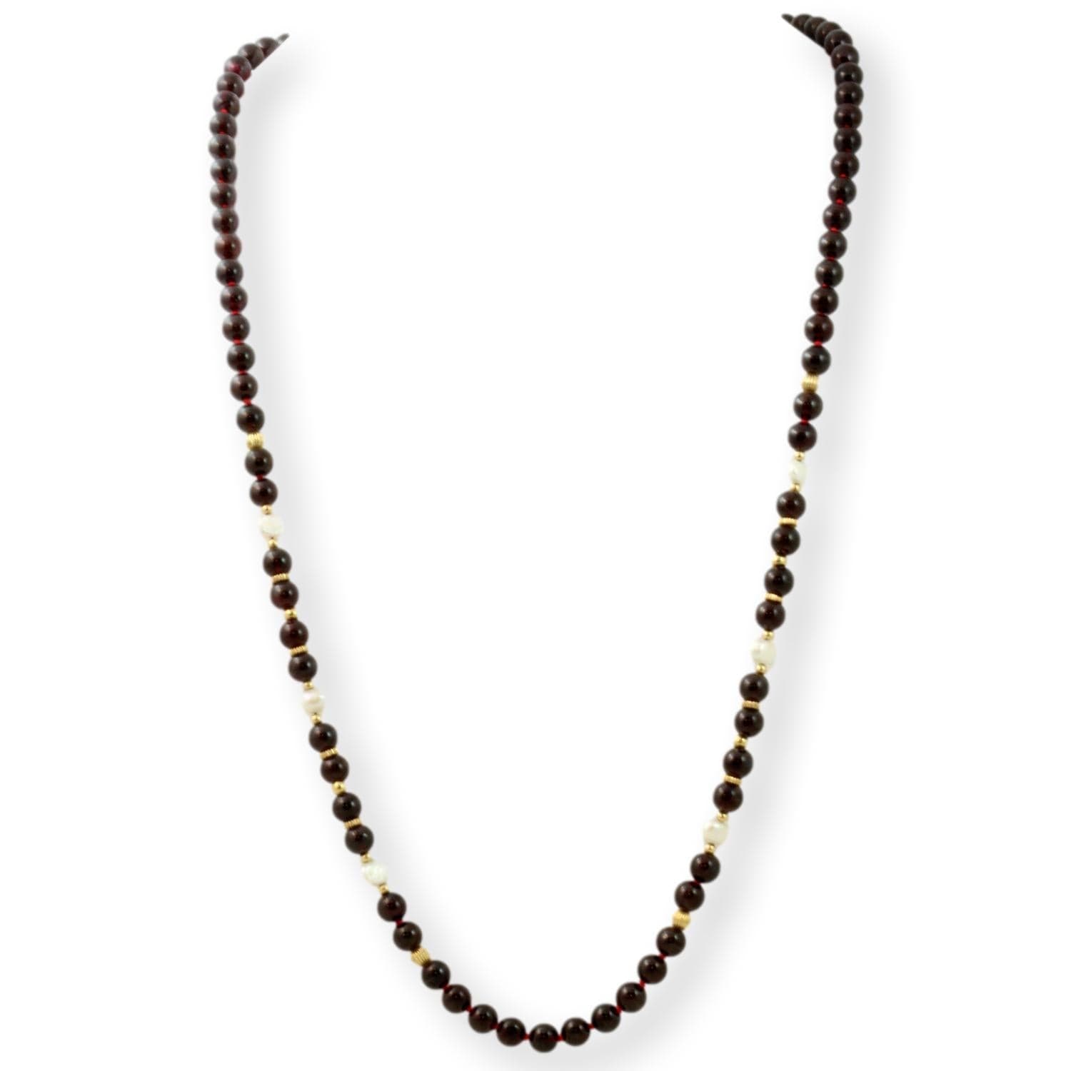 Handknotted Garnet, Pearl,14K Yellow Gold Bead Necklace - 32" - Image 1