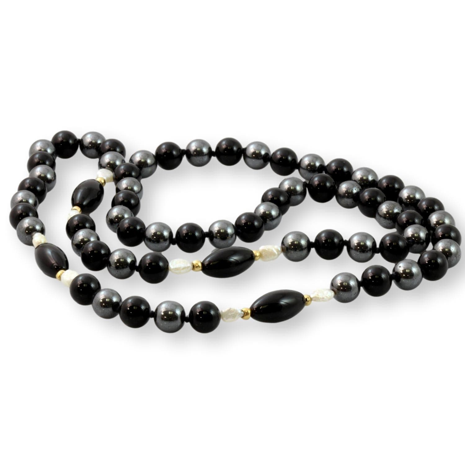 Handknotted Black Onyx Pearl Hematite 14K Gold Bead Necklace - 26 in - Thumbnail 2