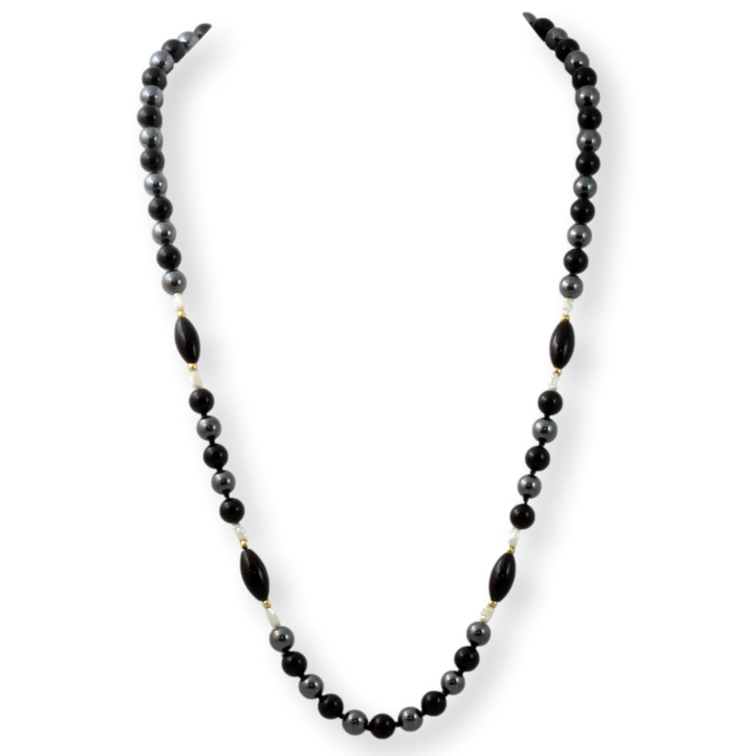 Handknotted Black Onyx Pearl Hematite 14K Gold Bead Necklace - 26 in - Image 1