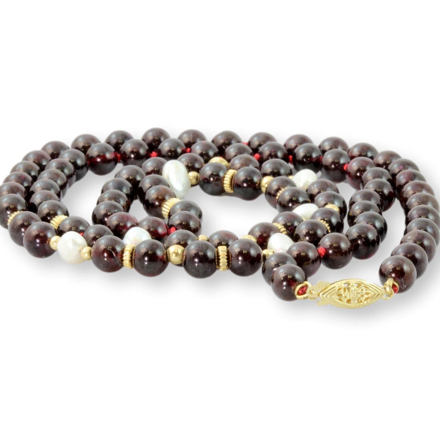 Handknotted Garnet, Pearl,14K Yellow Gold Bead Necklace - 32" - Thumbnail 2