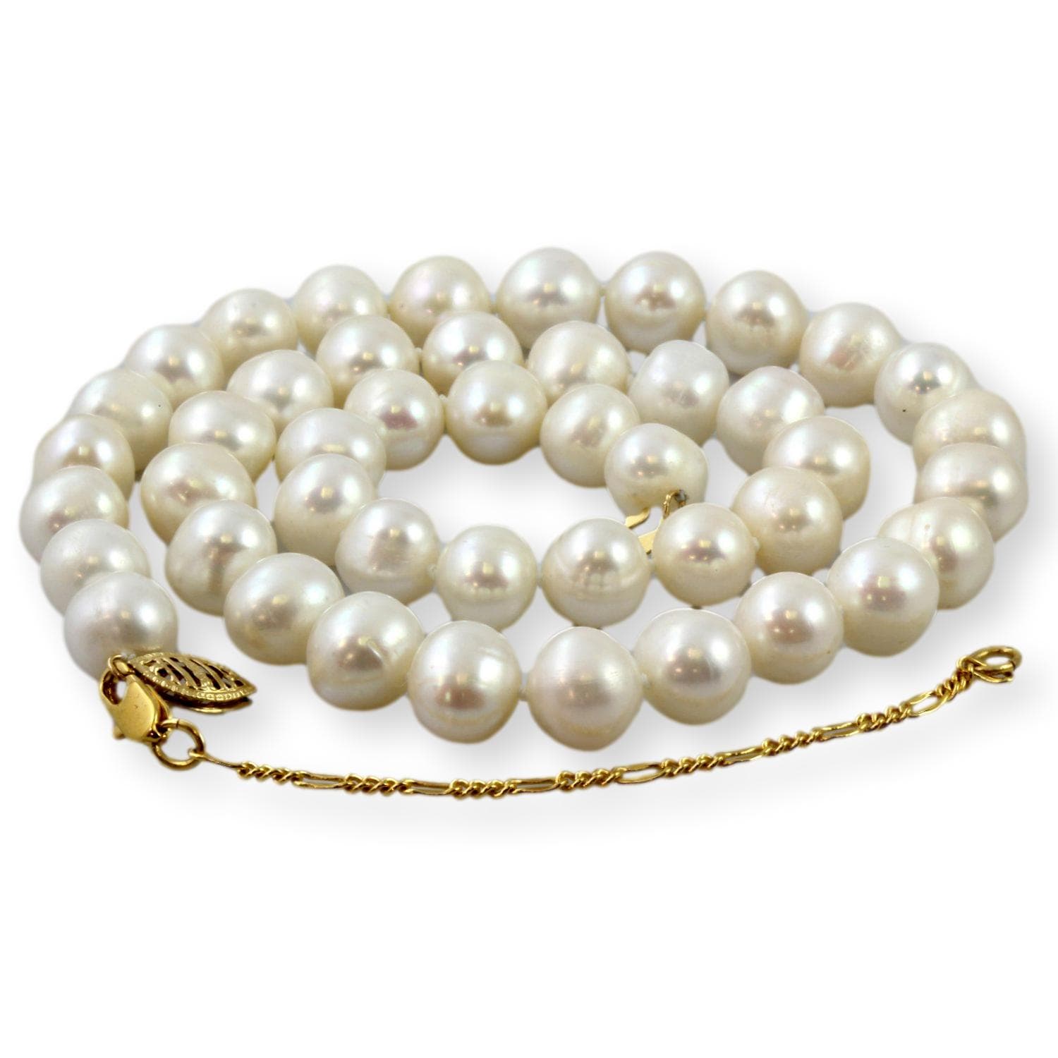 Handknotted 10mm Cultured White Pearl 14K Gold Necklace - 18"-21" - Thumbnail 3