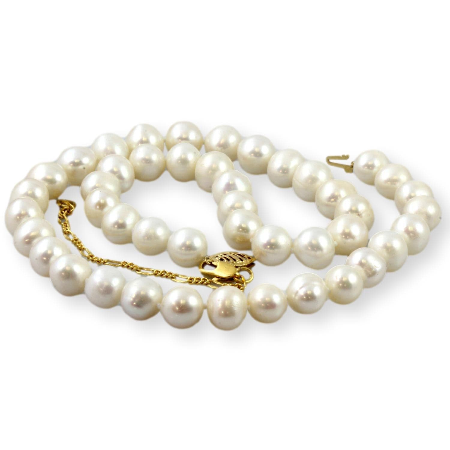 Handknotted 10mm Cultured White Pearl 14K Gold Necklace - 18"-21" - Thumbnail 2