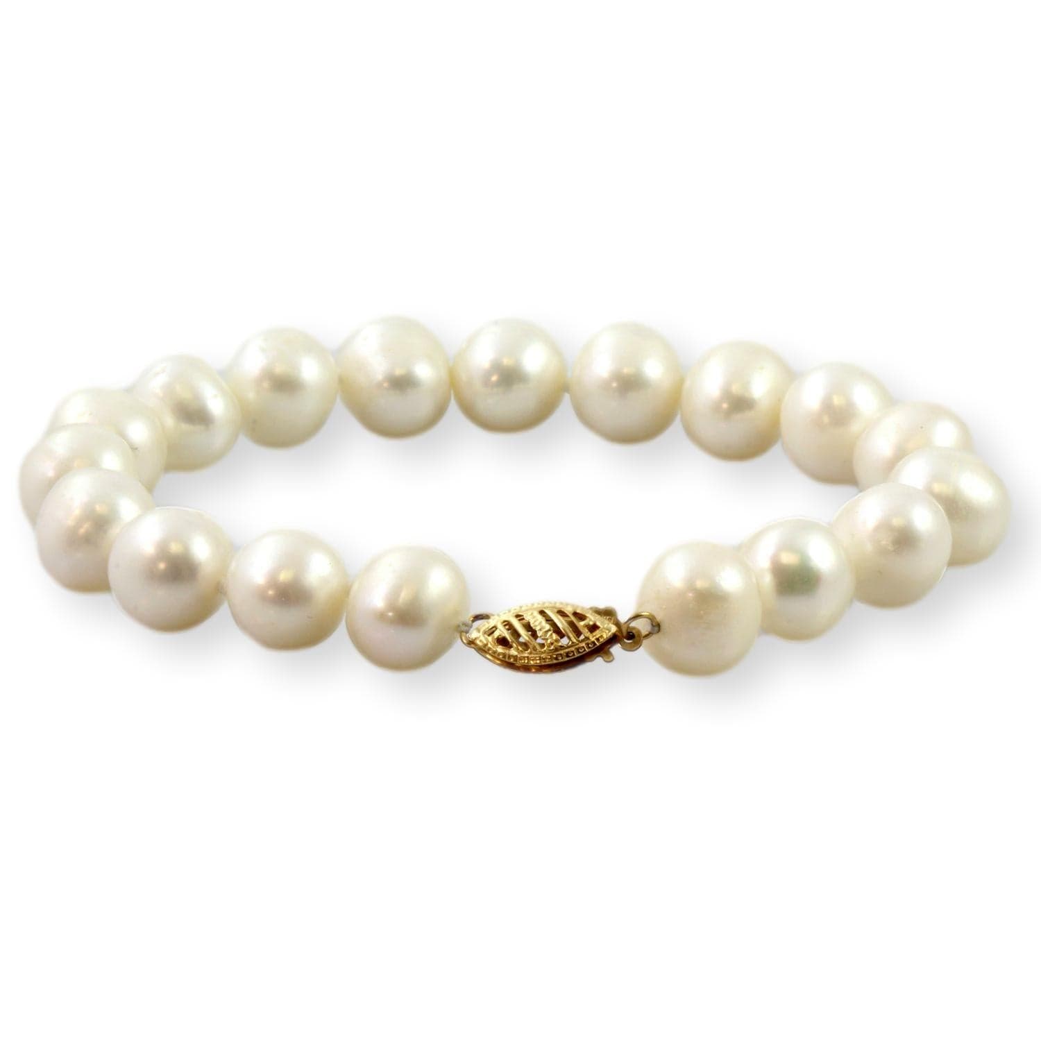 Handknotted 10mm Cultured White Pearl 14K Gold Bracelet - 7.5 in. - Thumbnail 2