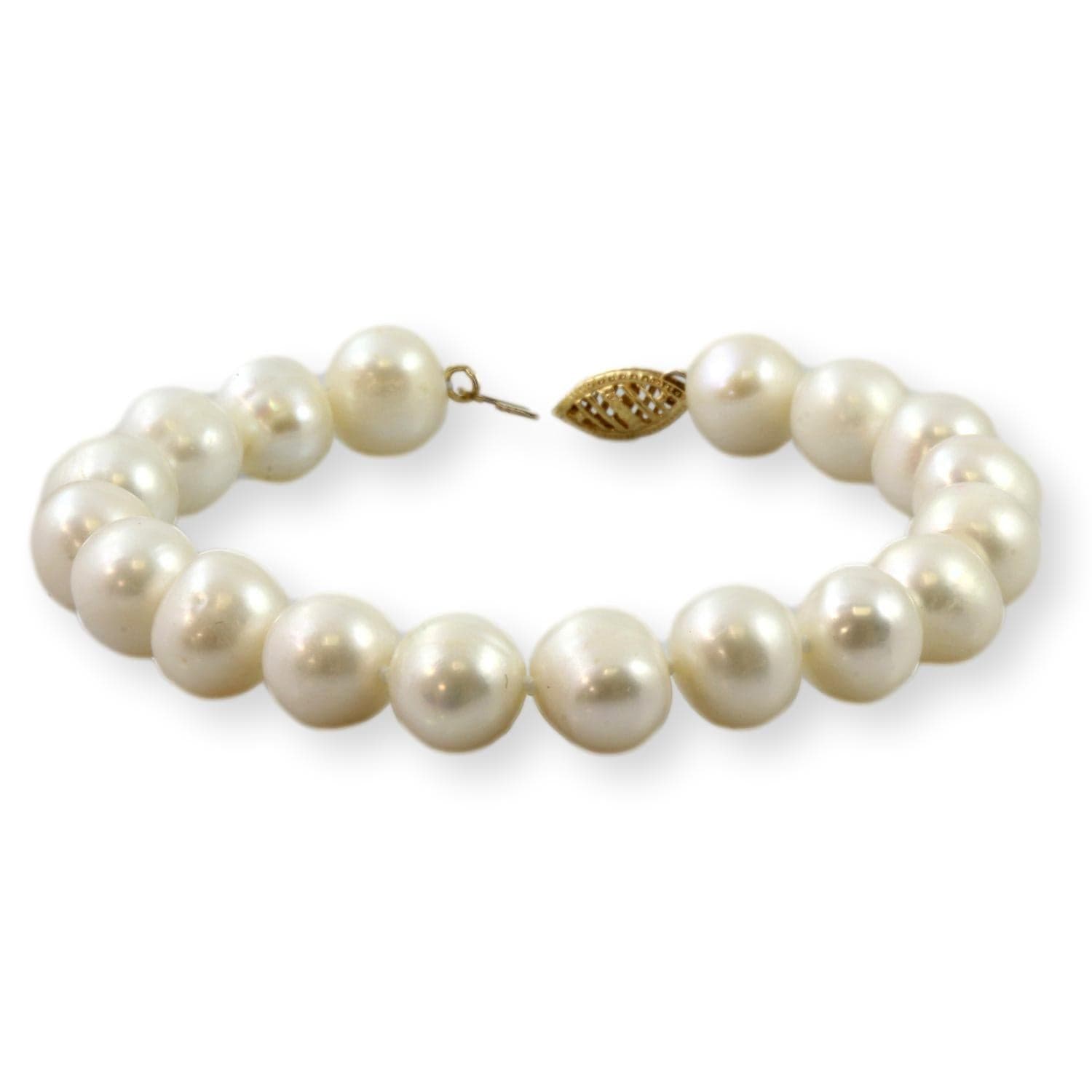 Handknotted 10mm Cultured White Pearl 14K Gold Bracelet - 7.5 in. - Thumbnail 3