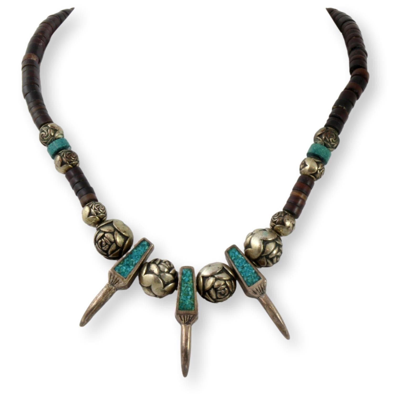 Petrified Wood Carved Silver Turquoise Bear Claw Necklace - 18 in - Image 1