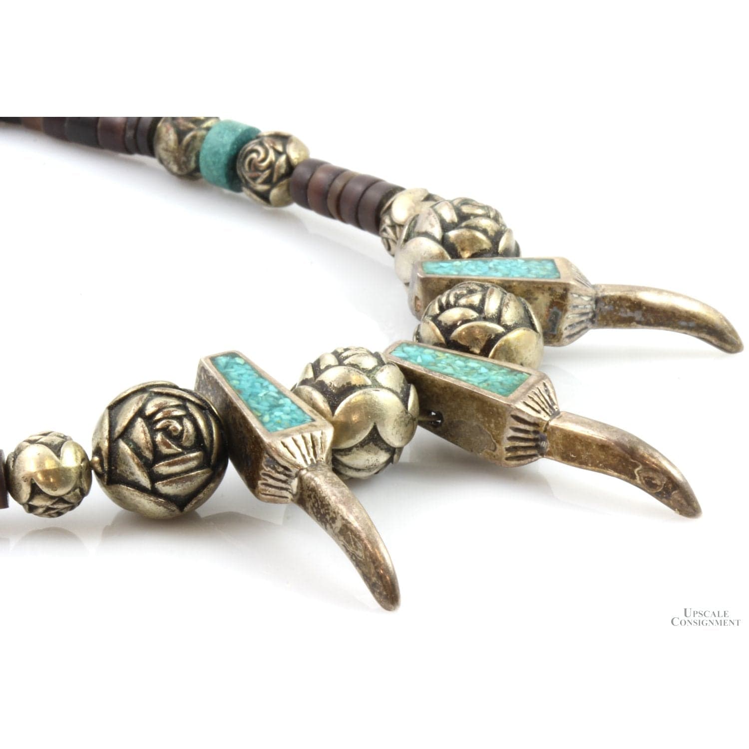 Petrified Wood Carved Silver Turquoise Bear Claw Necklace - 18 in - Thumbnail 2