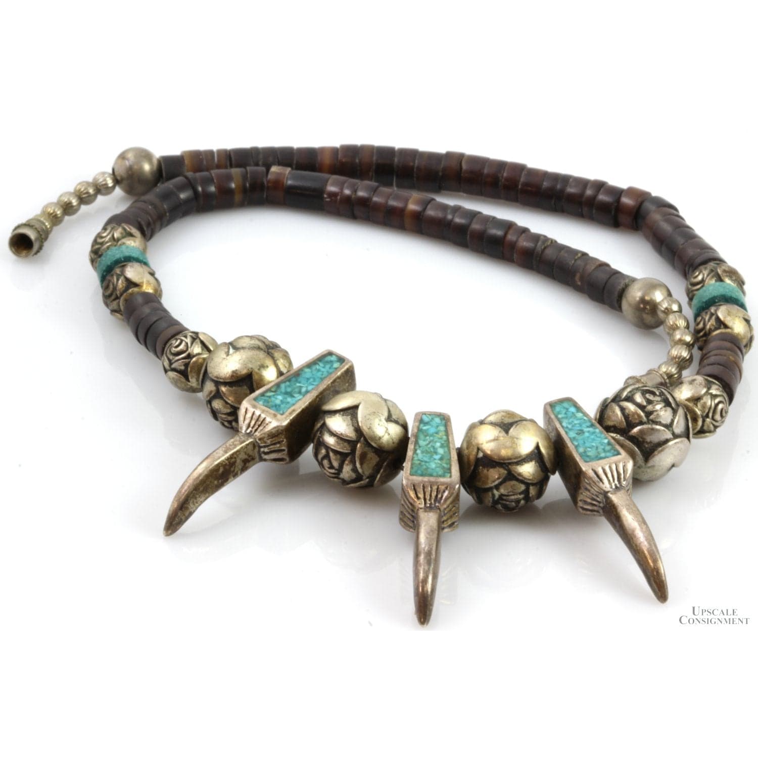 Petrified Wood Carved Silver Turquoise Bear Claw Necklace - 18 in - Thumbnail 3