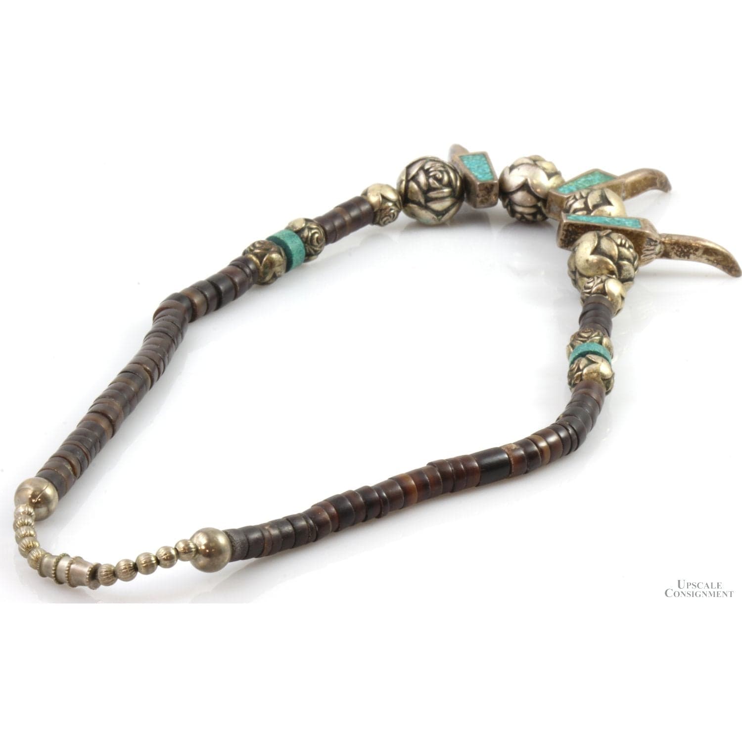 Petrified Wood Carved Silver Turquoise Bear Claw Necklace - 18 in - Thumbnail 4