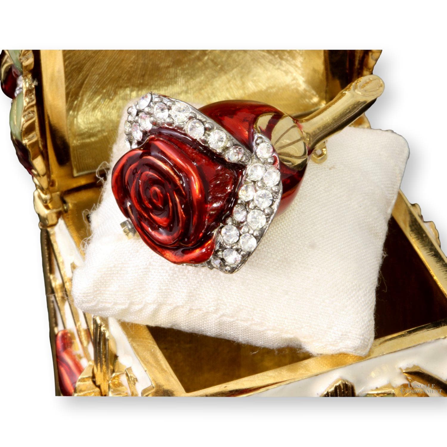 Ltd Edition 22K Gold Plate Enamel Rose Box & Rose Pin - 4" x 2" - Thumbnail 3
