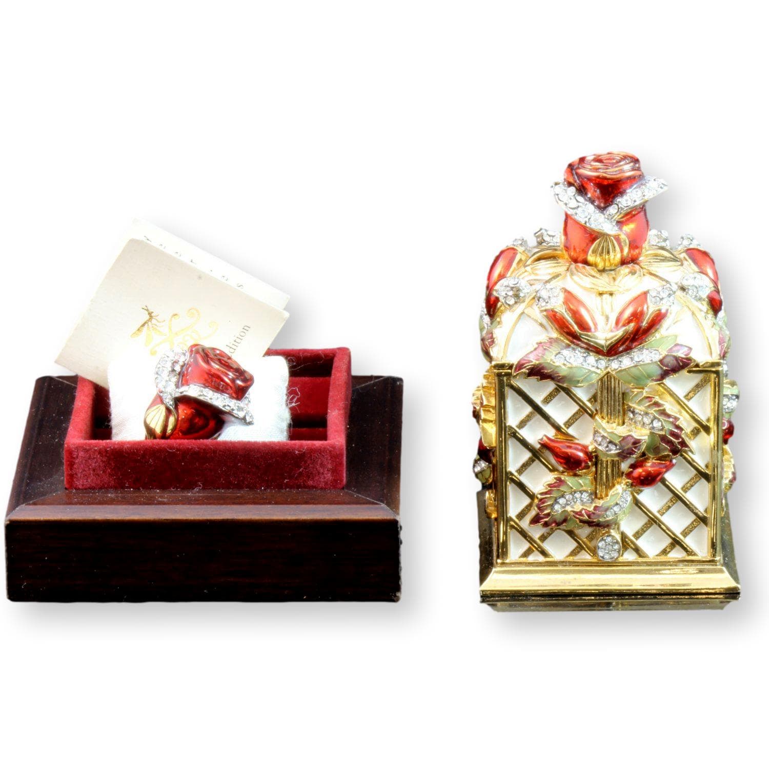 Ltd Edition 22K Gold Plate Enamel Rose Box & Rose Pin - 4" x 2" - Image 1