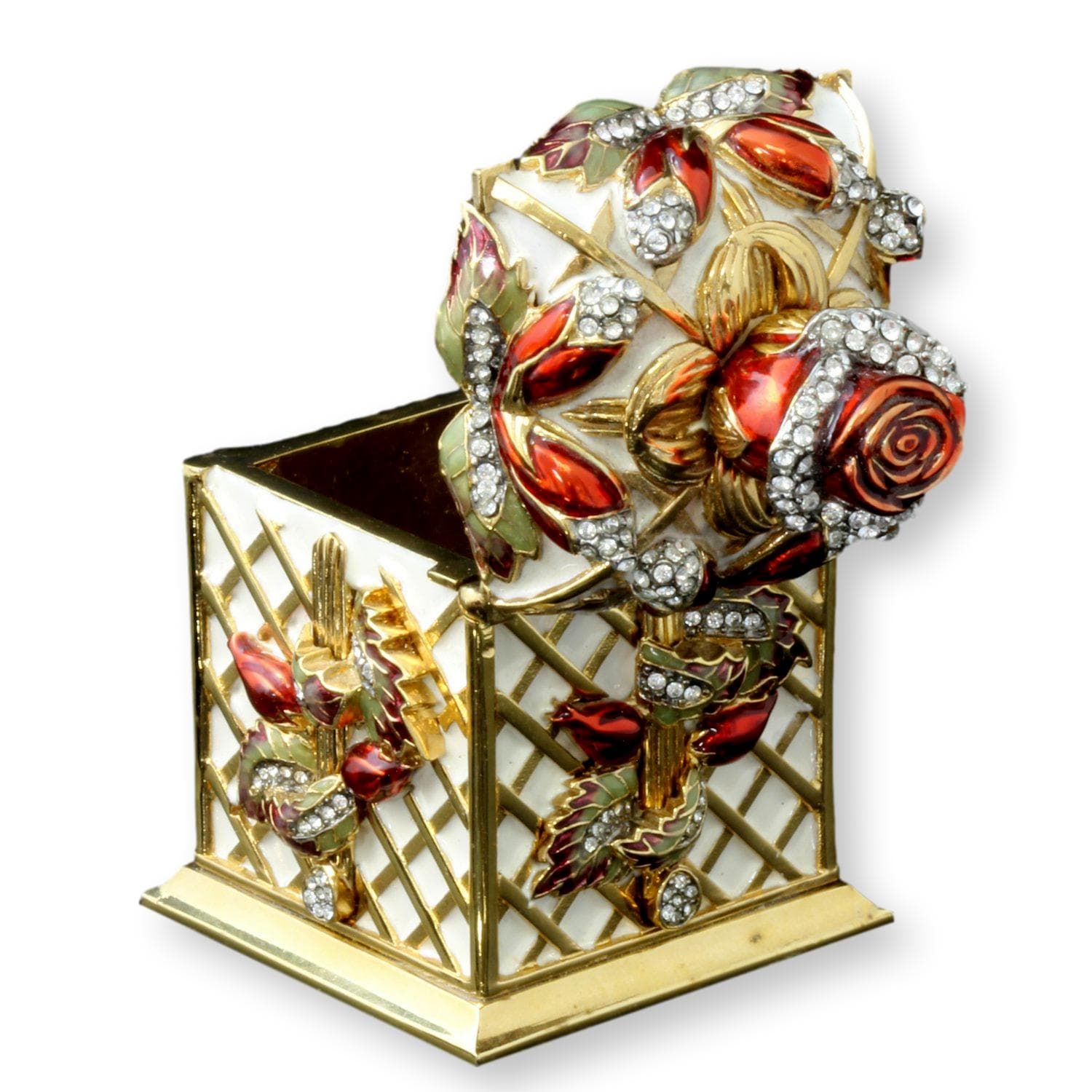 Ltd Edition 22K Gold Plate Enamel Rose Box & Rose Pin - 4" x 2" - Thumbnail 5
