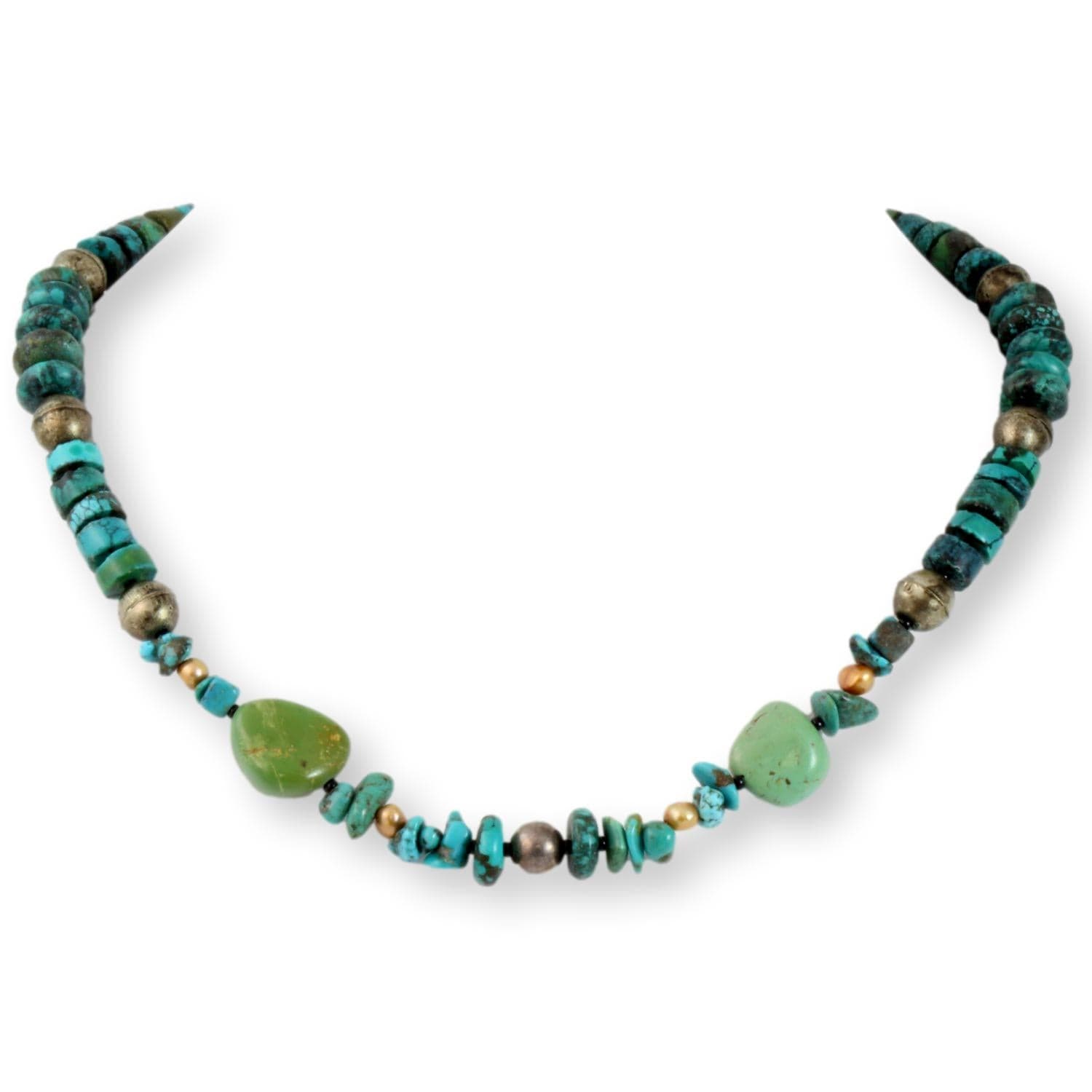 Handcrafted Turquoise & Gold Pearl & Silver Bench Bead Necklace - 17 in - Image 1