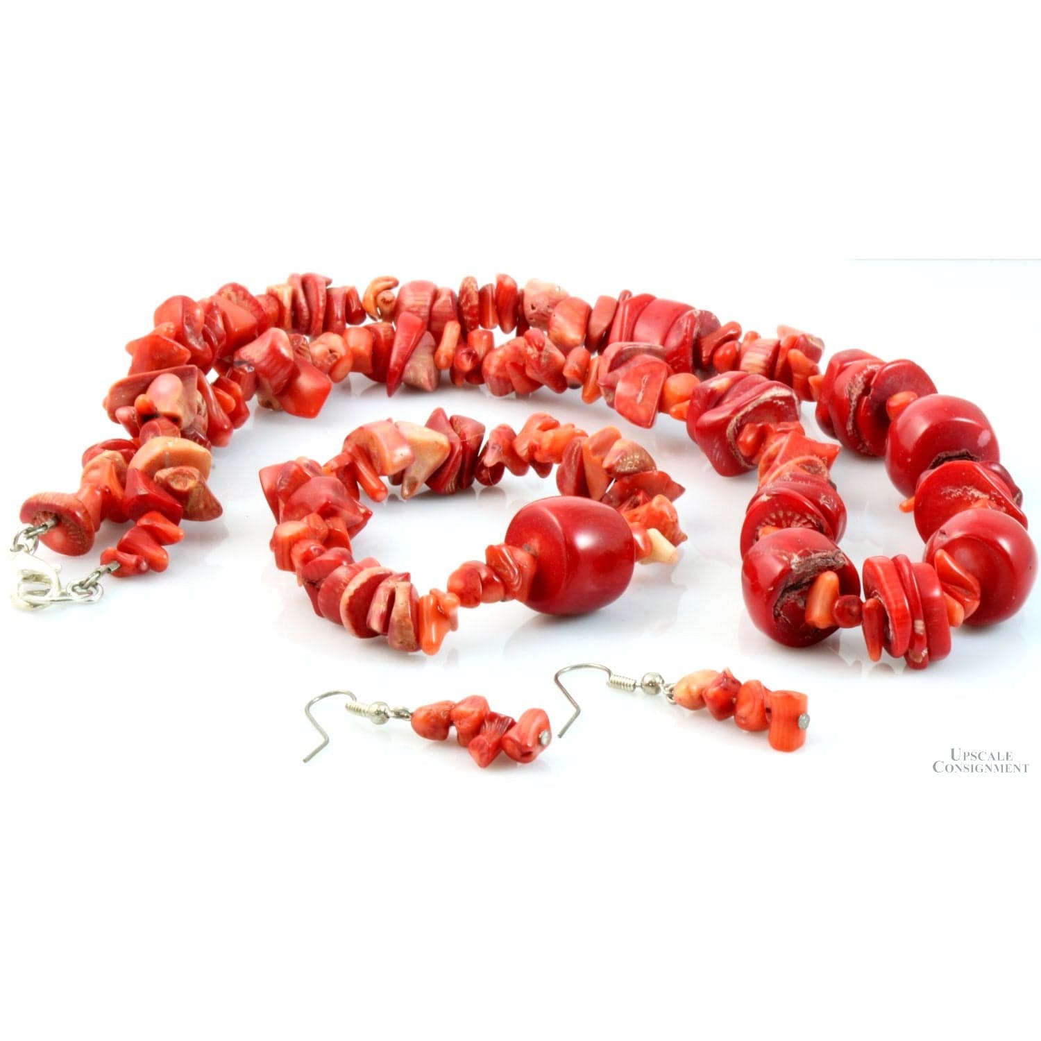 Red Coral Bead & Sterling Silver Necklace, Bracelet Earring Set - 21.5" - Thumbnail 2