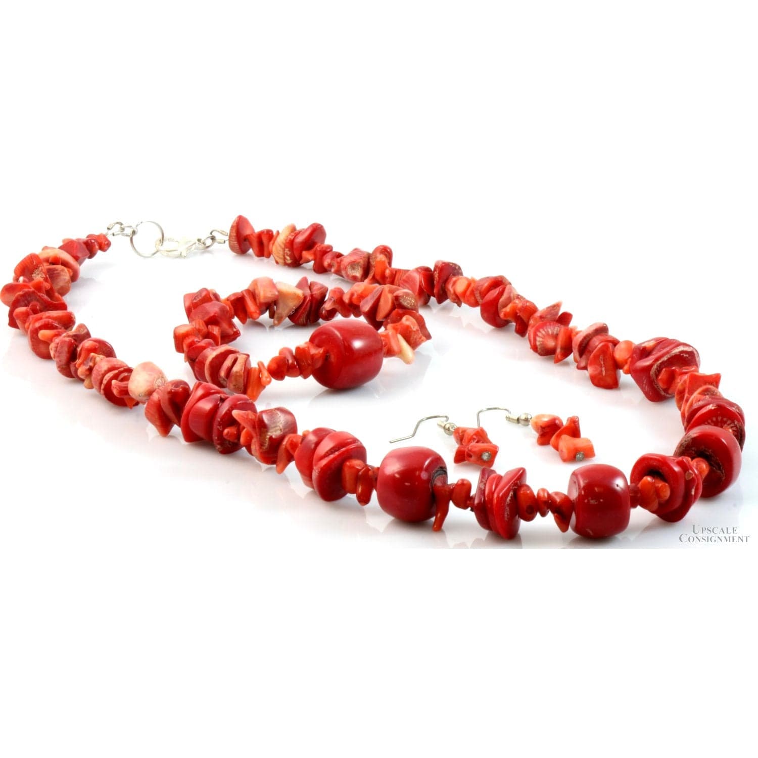 Red Coral Bead & Sterling Silver Necklace, Bracelet Earring Set - 21.5" - Image 1